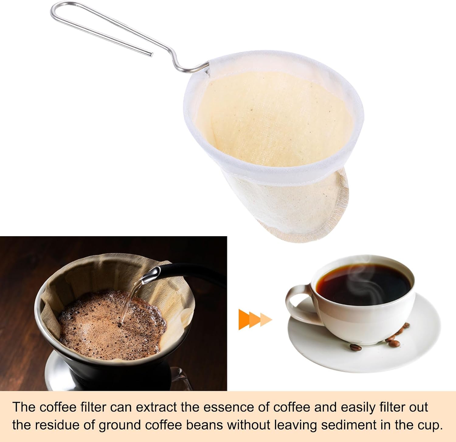 uxcell 4Pcs Flannel Cloth Coffee Filter, Reusable Handmade Coffee Sock Strainer with Stainless Steel Handle, Cafe Accessories for Home Office Coffee Shop, Beige image 4
