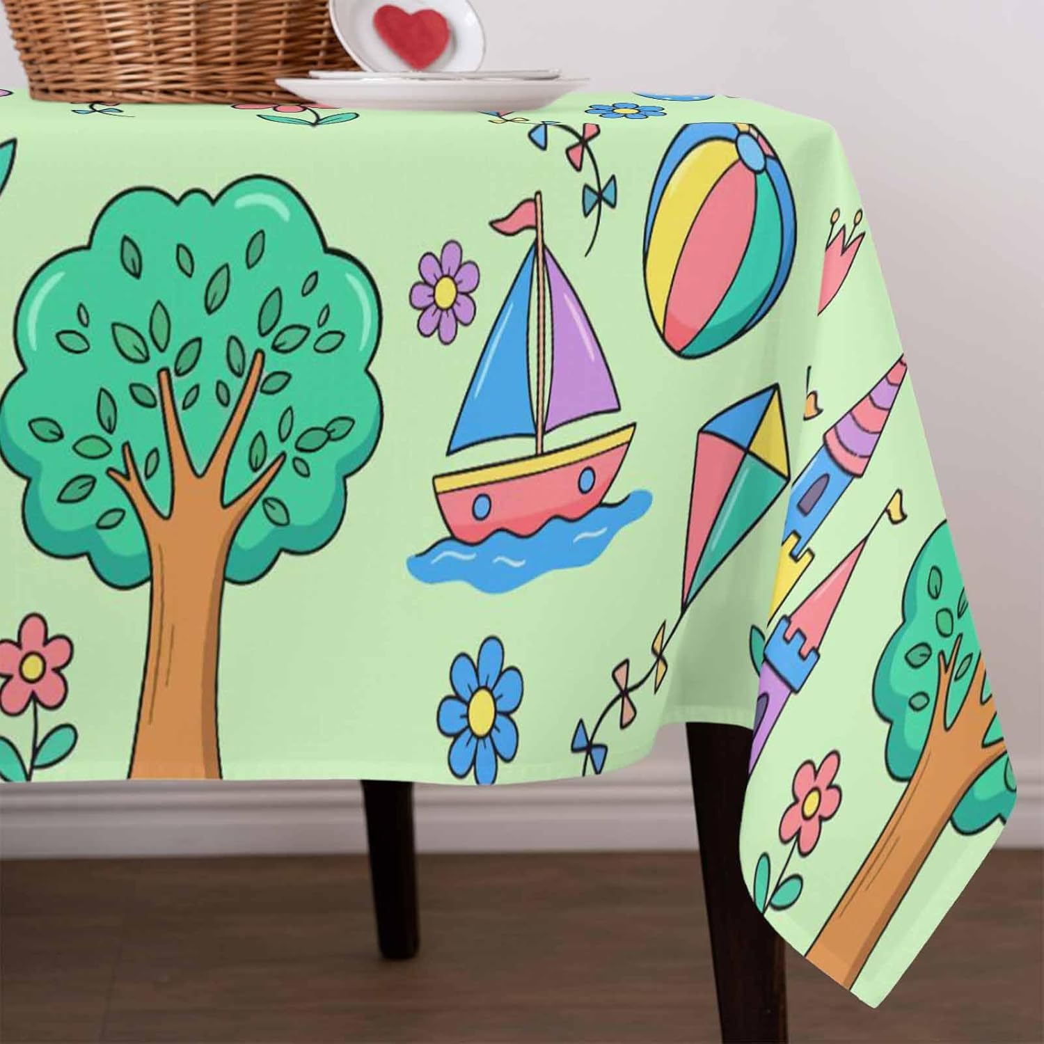 Children's Day Waterproof Table Cloth Cartoon Sun Airplanes Castles Kites Boat Balloon Green Waterproof & Wrinkle Table Cover, Washable Polyester Soft Fabric Table Cloth for Outdoor Indoor Parties
