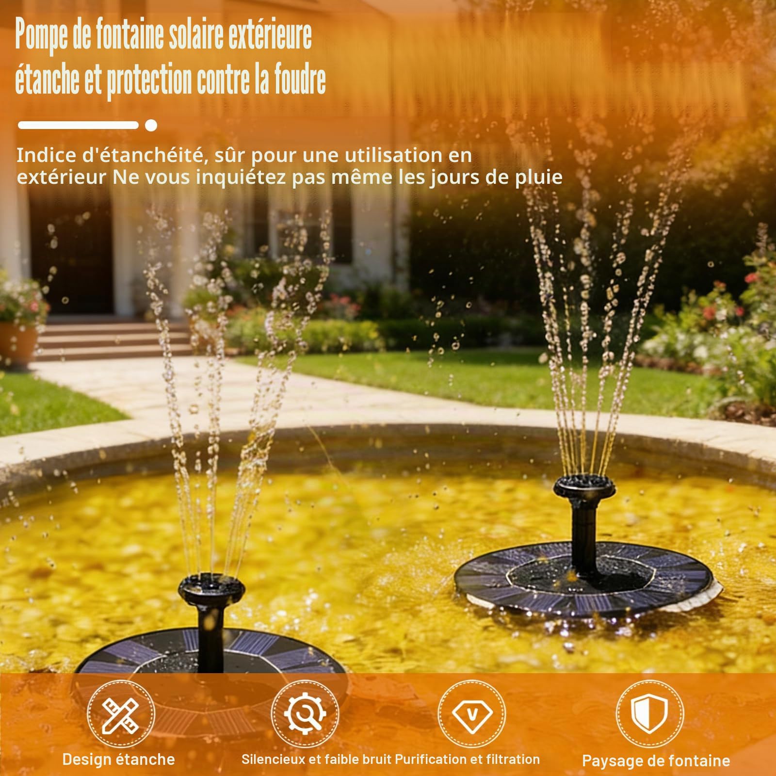 Lot de 2 fontaines solaires d'extérieur : pompe de bassin solaire à 8 effets, pompe à eau solaire polyvalente, fontaine flottante, idéale pour le jardin, l'étang ou le bassin à poissons, pour les