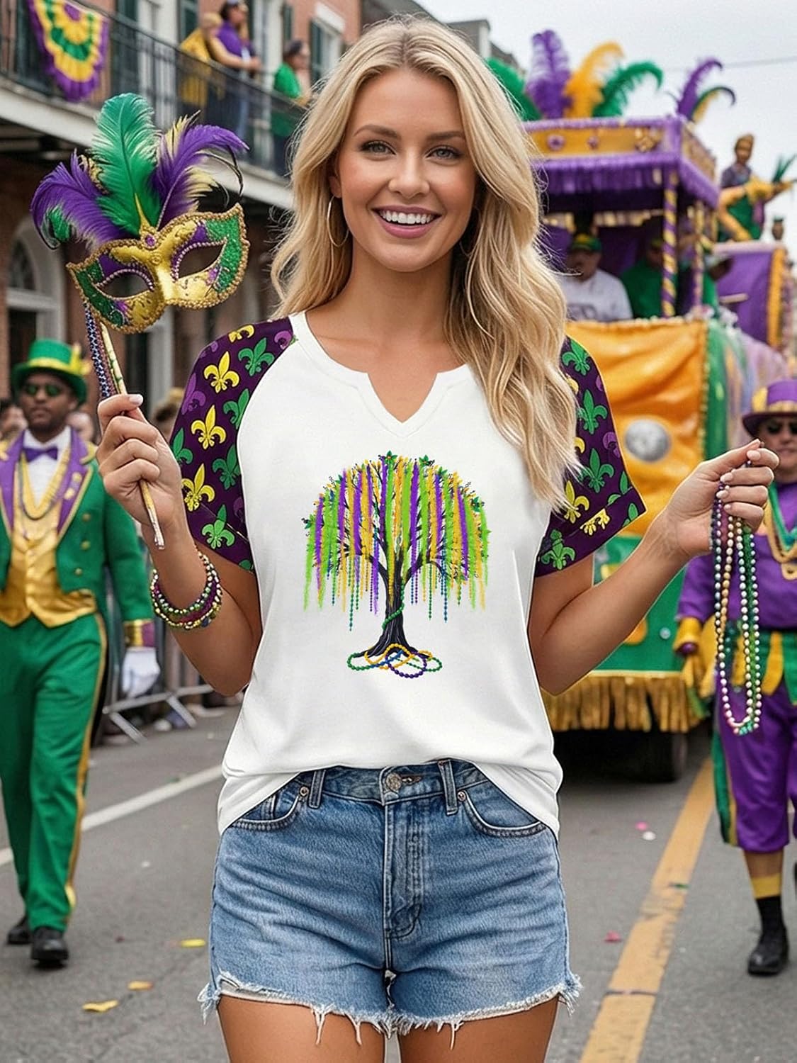 Women Funny Carnival Outfits T Shirts New Orleans Party V Neck Short Sleeve Tee Tops