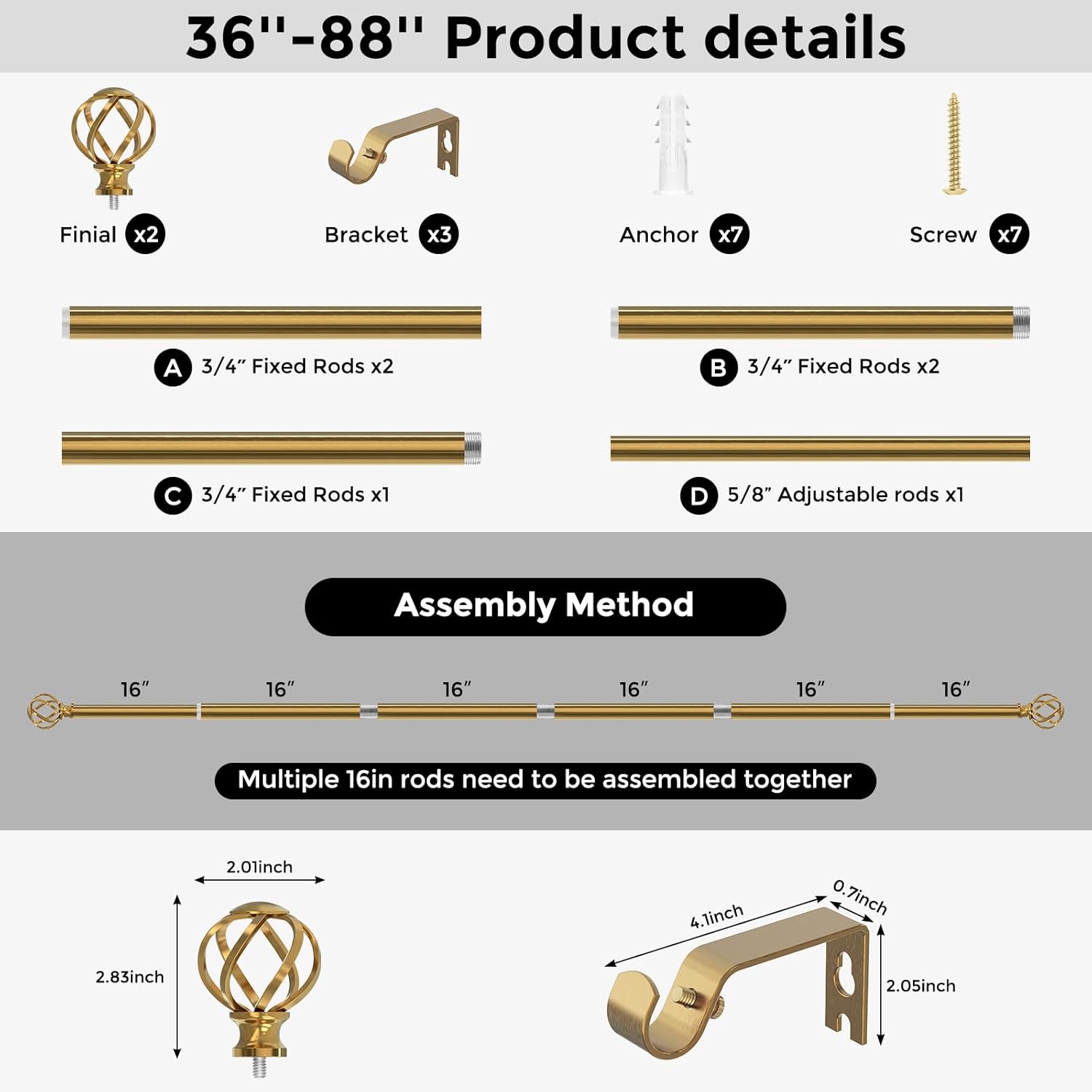 VOIIY Curtain Rods for Windows 48 to 84 Inch(4-7 Feet),3/4" Diameter Gold Drapery Rods with Twisted Cage Finials,Size:36-88 Inch