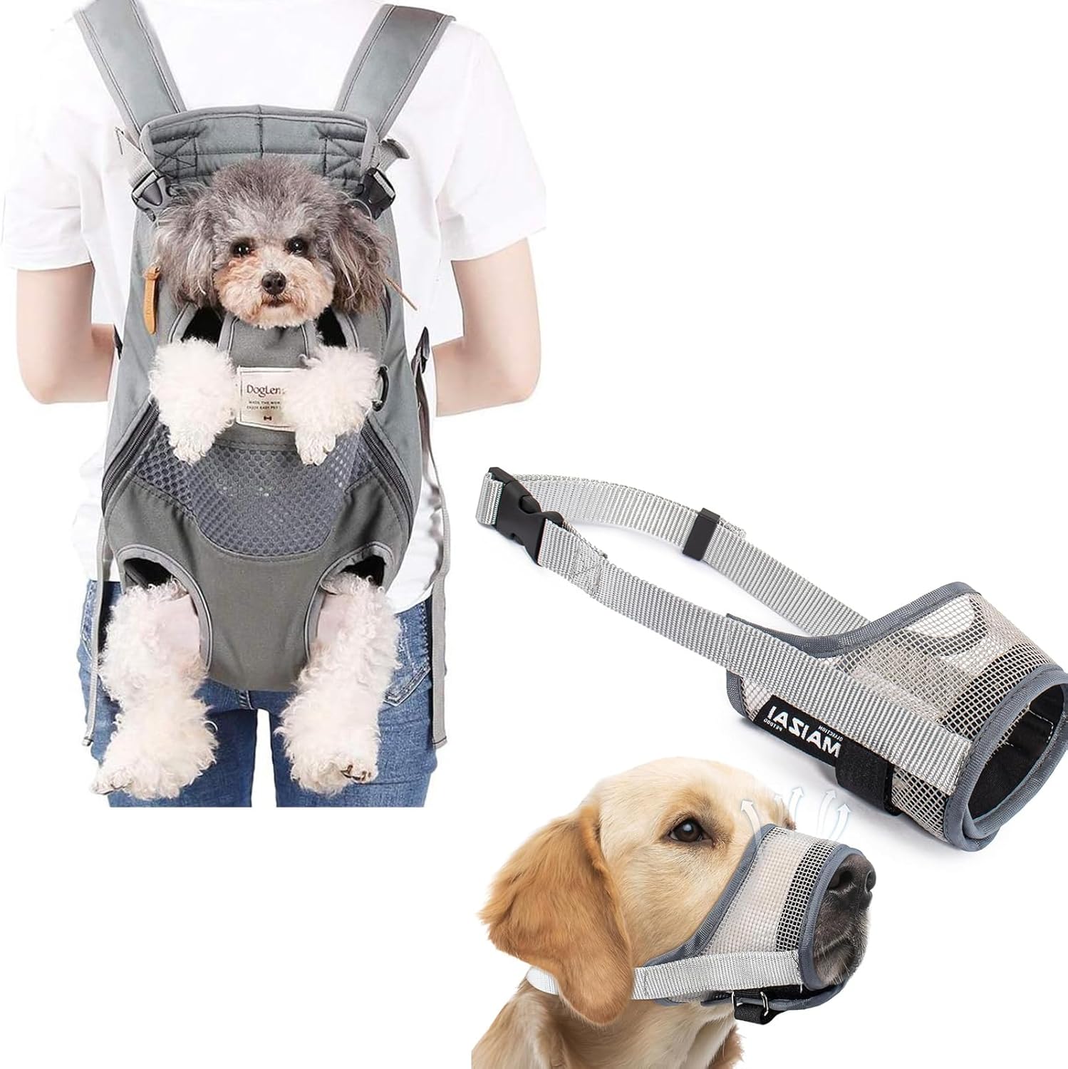 Coppthinktu Dog Muzzle Soft Mesh Muzzle for Small Medium Large Dog Mouth Guard & Dog Carrier Backpack Pet Front Carrier Backpack Legs Out Dog Chest Carrier