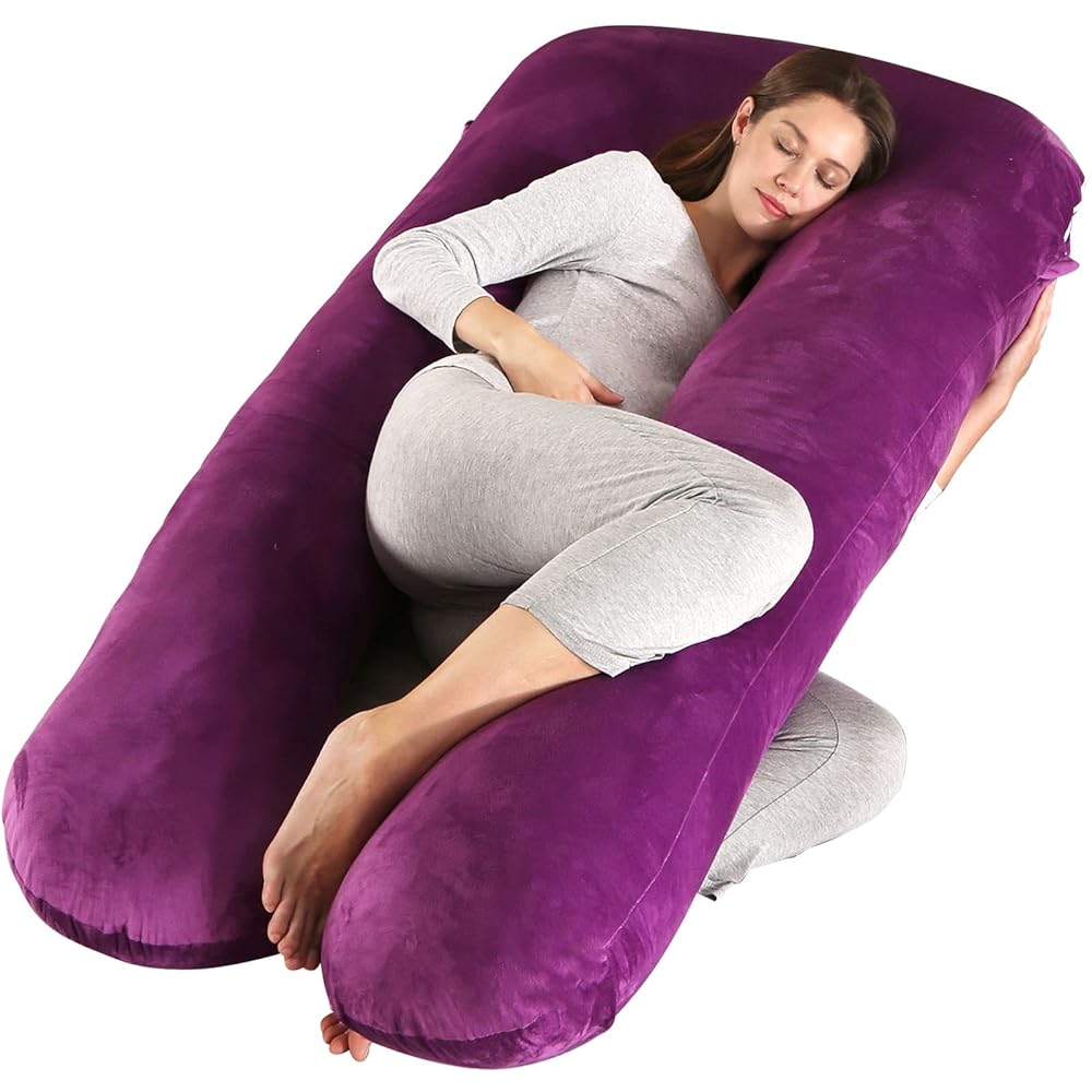Amagoing 55 inches Pregnancy Pillows for Sleeping, U Shaped Maternity Full Body Pillow for Pregnant Women with Hip, Leg, Back, Belly Support, Washable Velvet Cover Included (Dark Purple)