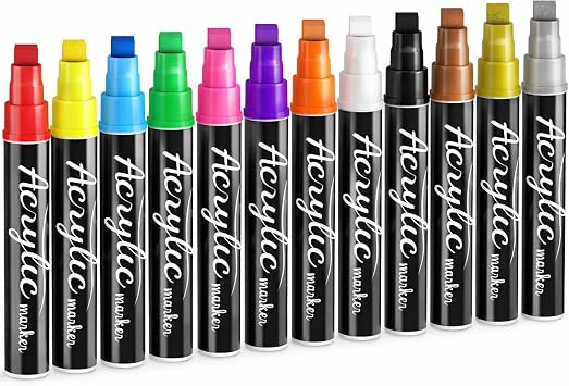 12 Colors Jumbo Poster Markers, 10 mm Wide Tip Acrylic Paint Markers Thick Permanent Graffiti Markers for Posters Board, Fabric, Canvas, Glass, Wood, Rock Painting, Banner