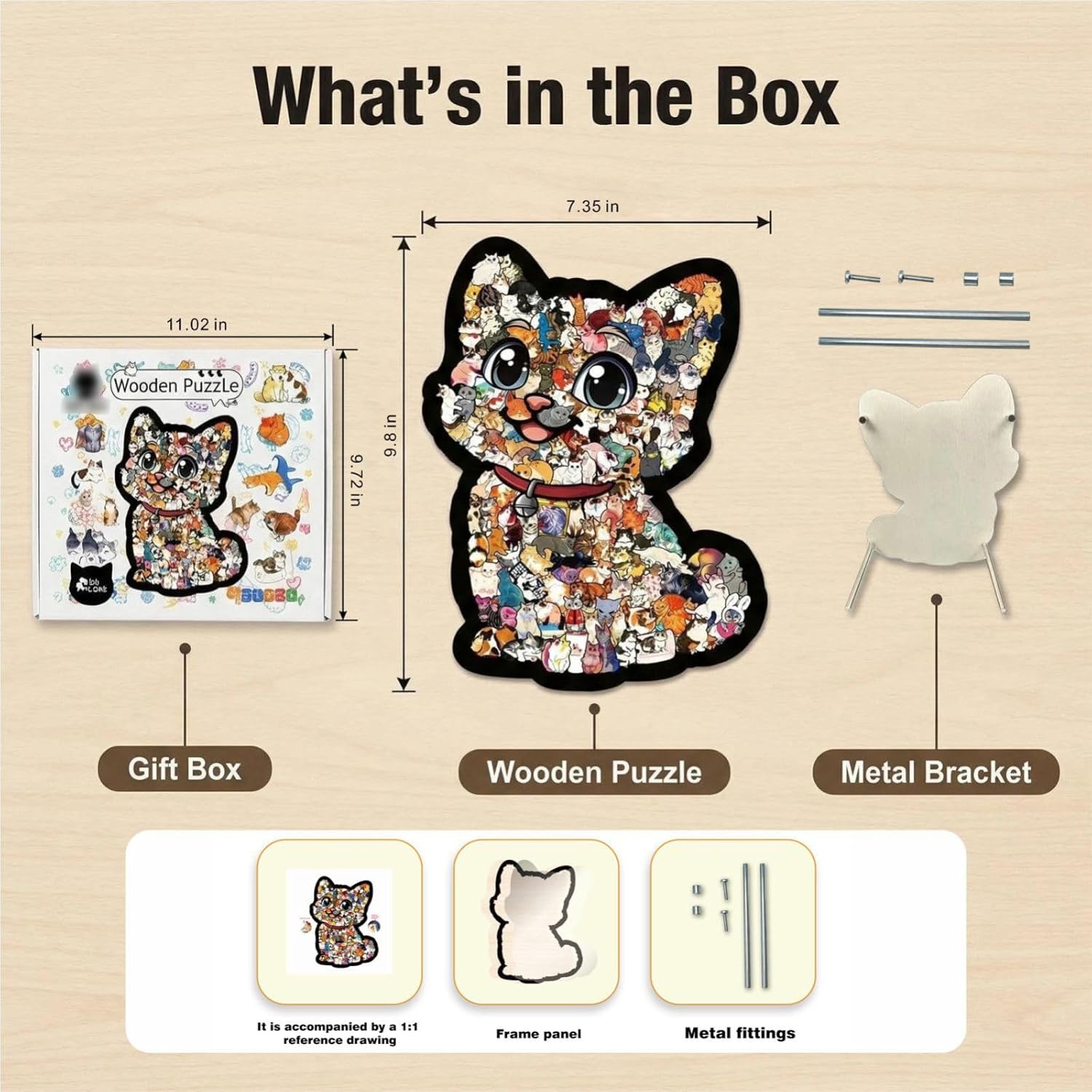 Wooden Cat Puzzle for Adults with Frame and Display Brackets, Cute Cat Shaped Jigsaw, DIY Art Home Decor, Stress Relief Puzzle, Gifts for Family&Friend (B-135 PCS)