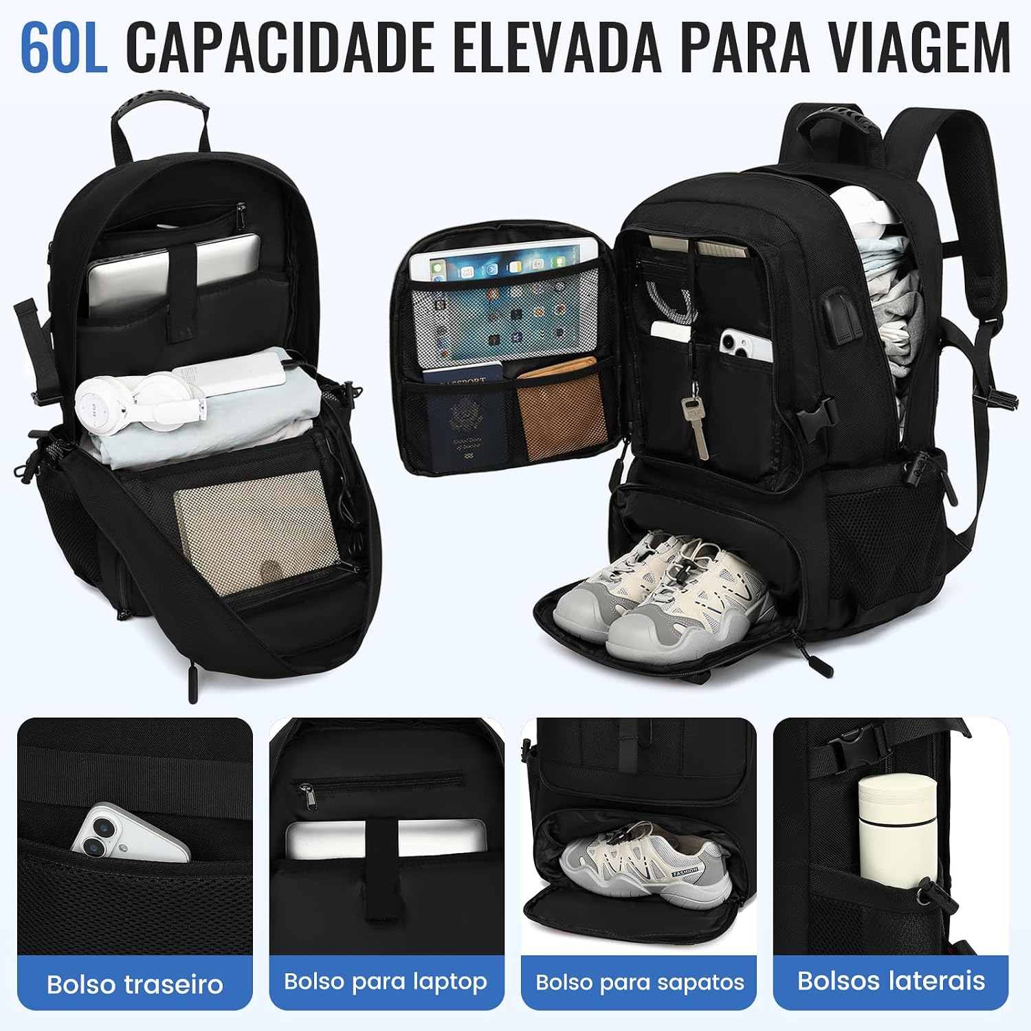 Imagem 3D da mochila com fundo azul claro. Imagem 3D da mochila com fundo azul claro.