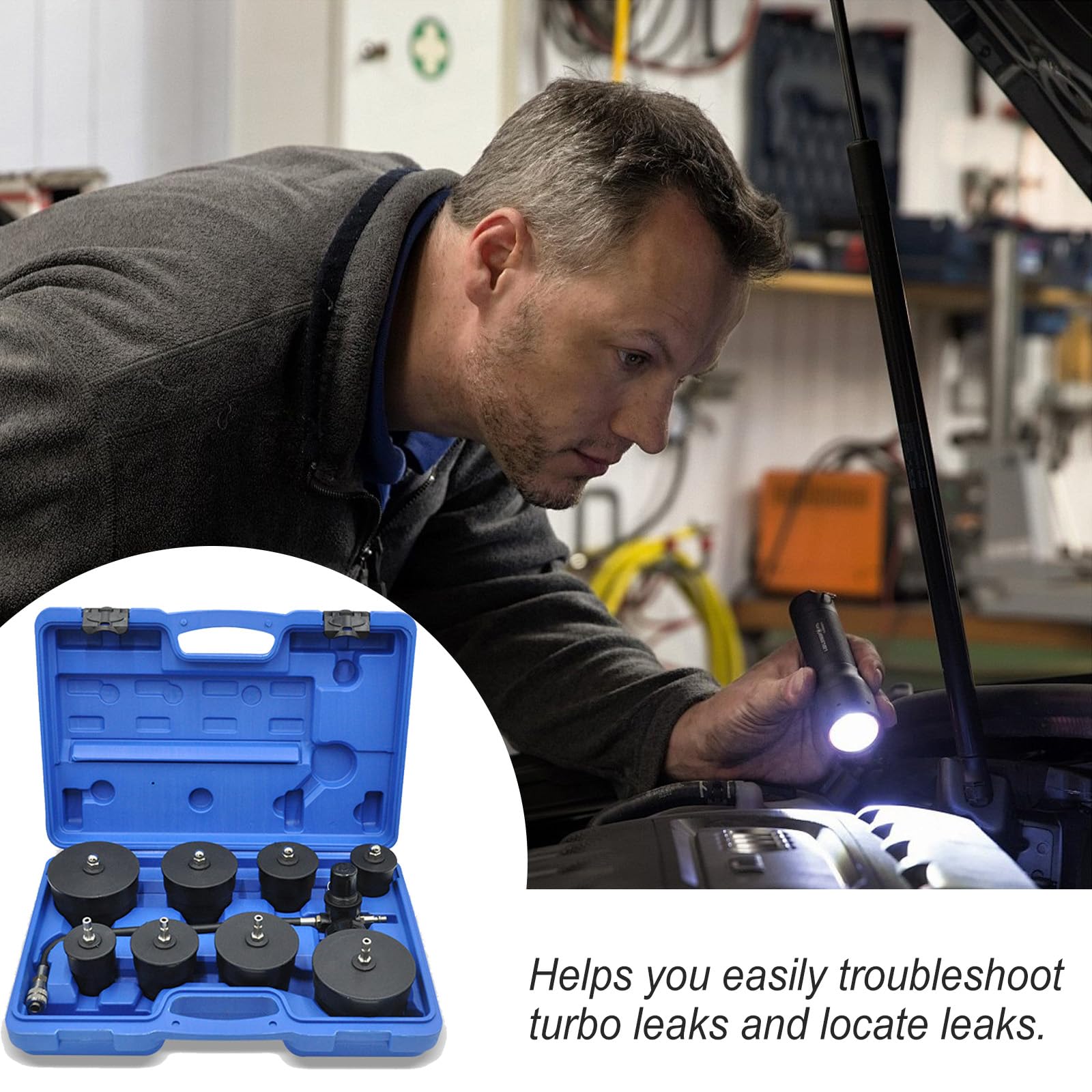 9pcs Probador Fugas del Turbo, Adaptador de Sistema de Aire de Carga del Turbocompresor, Kit de Prueba de Lubina de Refuerzo con Un Probador de Manómetro, Adaptador de Enfriador