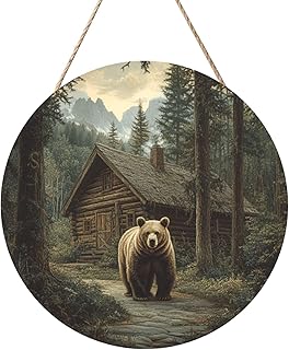 Cafemira Wooden hanging sign,Old log cabin &bear,Round Wood sign,circle Home art wall Decor wood plaque,For living room,man cave,studio,office,cafe,gift for friend family,easy to hang,8x8 inch
