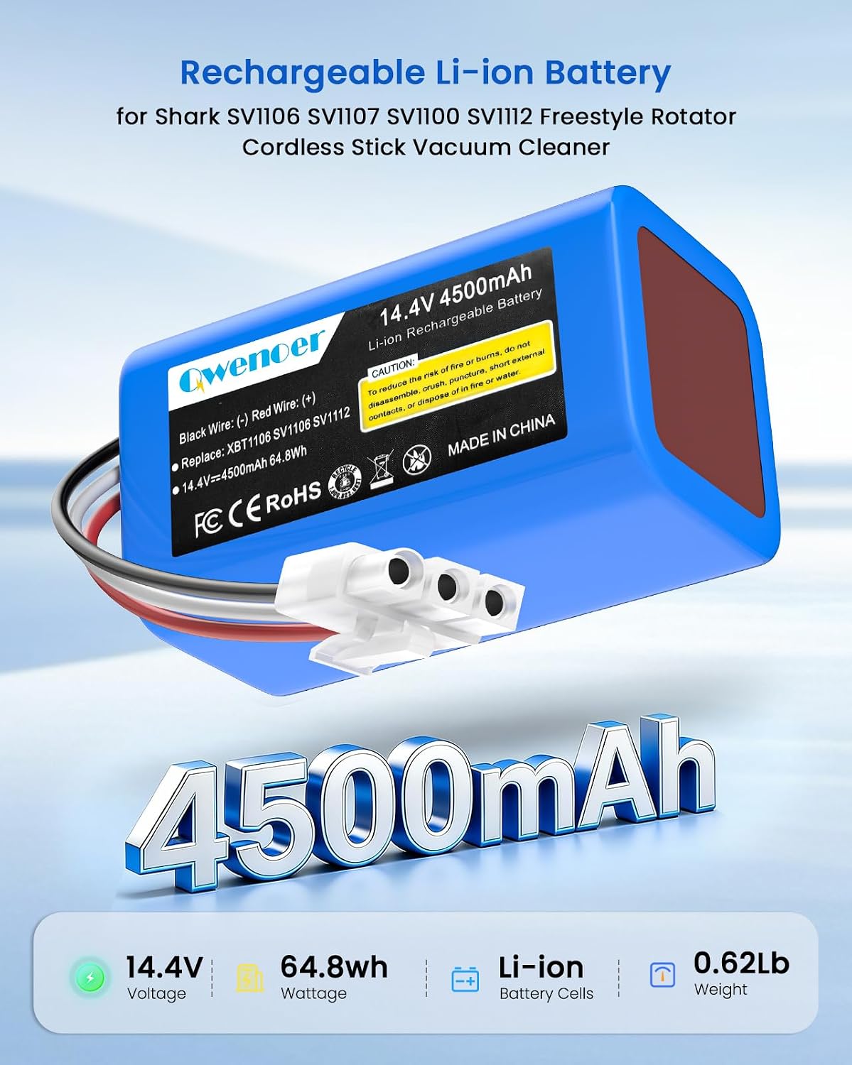 Upgraded Li-ion Battery 14.4V 4.5Ah, Shark Vacuum Battery Replacement XBT1106 for Shark SV1106 SV1112 SV1100 SV1107 XB1100 Freestyle Navigator Cordless Stick Vacuum