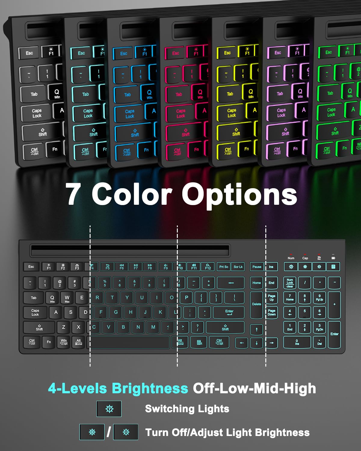 Tastiera wireless e mouse combinata, 7 effetti retroilluminati, lettere illuminate, ricaricabile, supporto per telefono, mouse a 6 pulsanti, angolo di inclinazione ergonomico, mouse USB silenzioso da