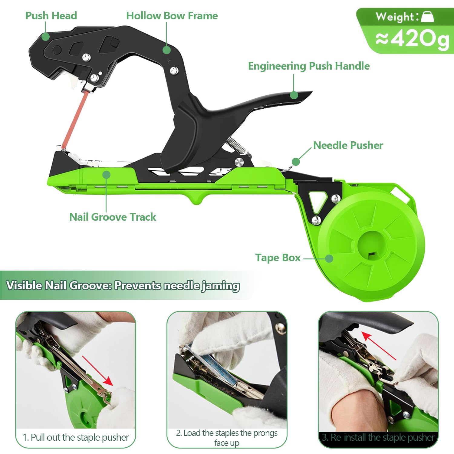Plant Tying Machine, Lightweight Plant Vine Tying Tape Machine Tool, Plant Tape Gun for Tomatoes, Grapes and Vegetable Garden, Come with 10000pcs Staples 10 Rolls Tape (Green)