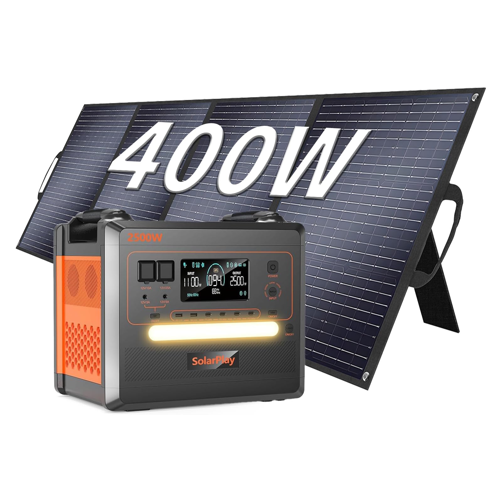 Solarplay Q2402M Generatore Di Corrente Portatile 2304 Wh LiFePO4,2500 W Uscita Continua con Pannello Solare da 400 W,Ricarica Solare Rapida - Generatore Portatile per Campeggio
