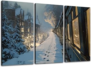 Large Canvas Wall Art 3 Pcs Train Passing Snowy Landscape Cozy Christmas Town Canvas Art Prints Pictures Framed Artwork Poster Wall Decor for Living Room Bedroom 32x48 In