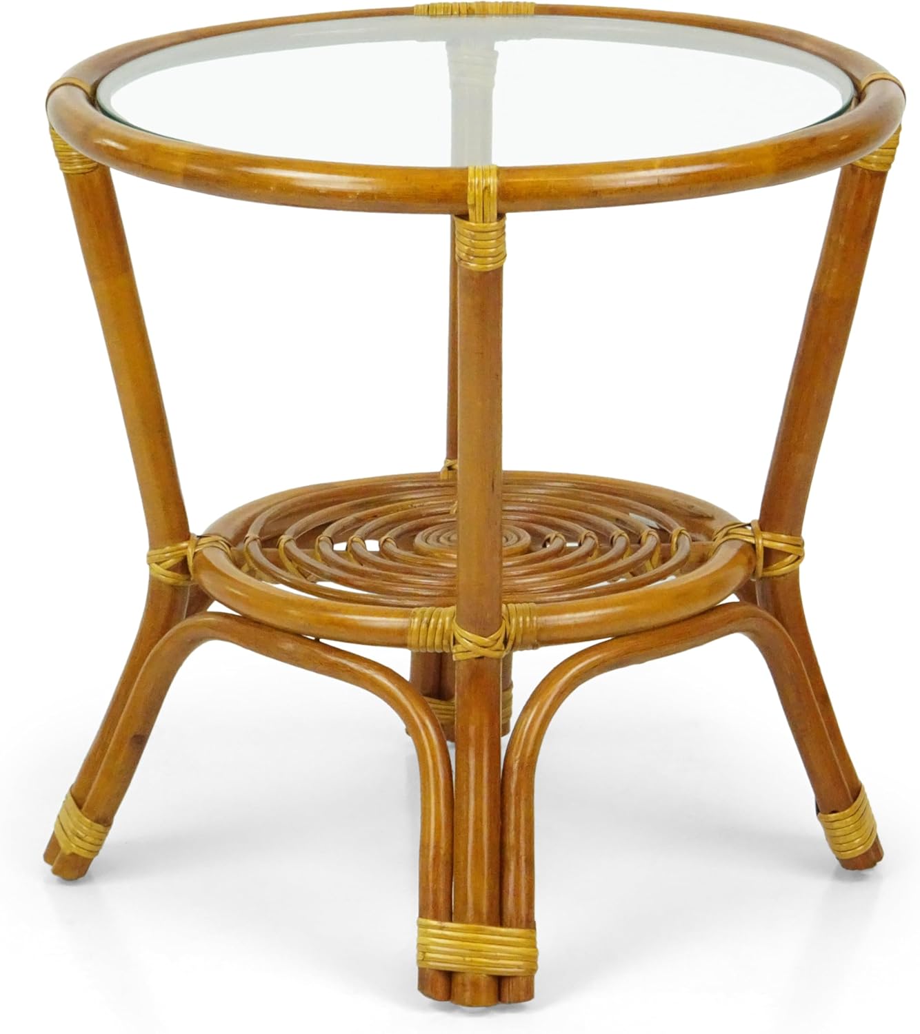 Round Coffee Table w/Glass Top Natural Rattan Wicker ECO Handmade, Cognac