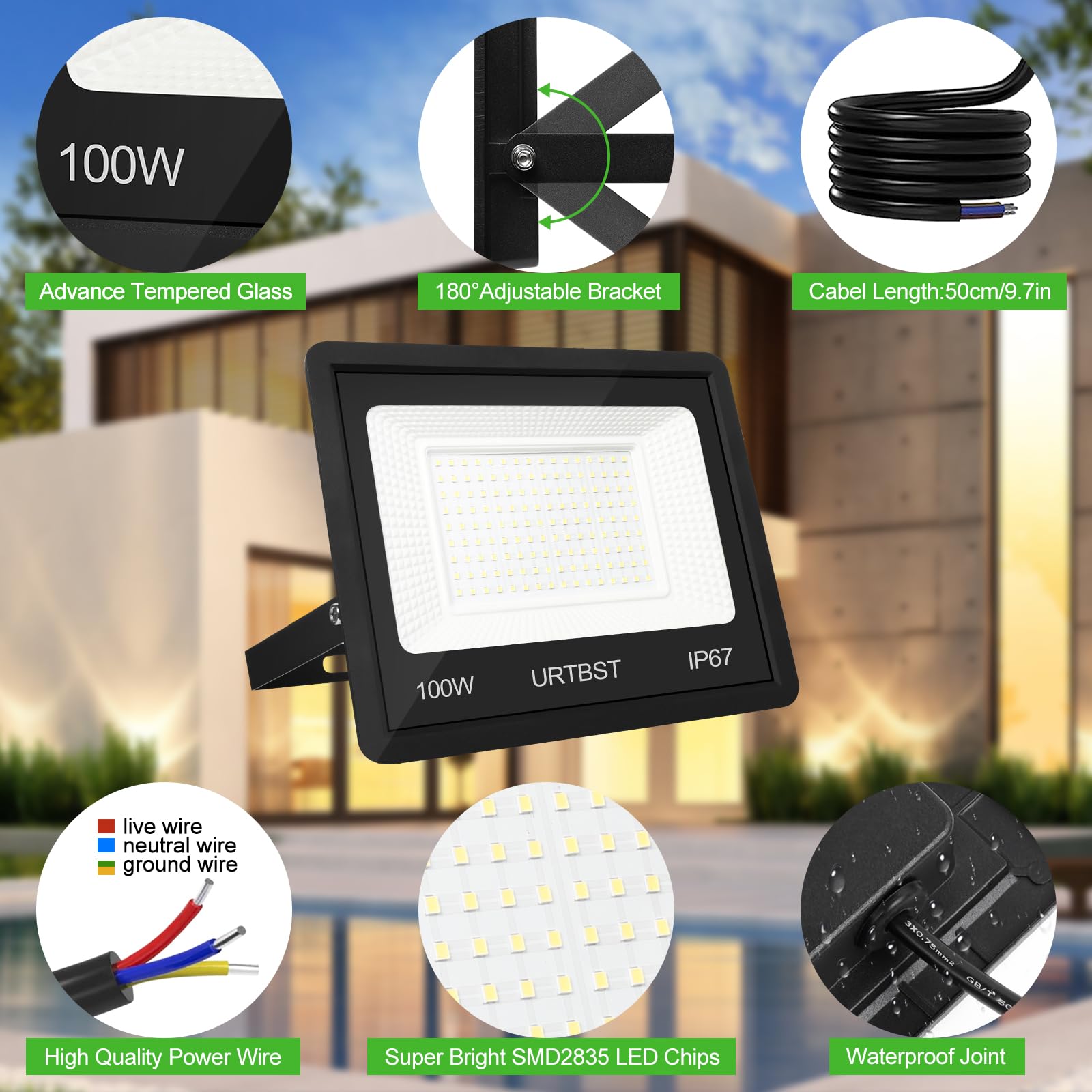 Zewnętrzny reflektor LED 100 W, wodoodporny IP67, 7000 K, zimna biel do ogrodu, garażu, tarasu (2 sztuki)