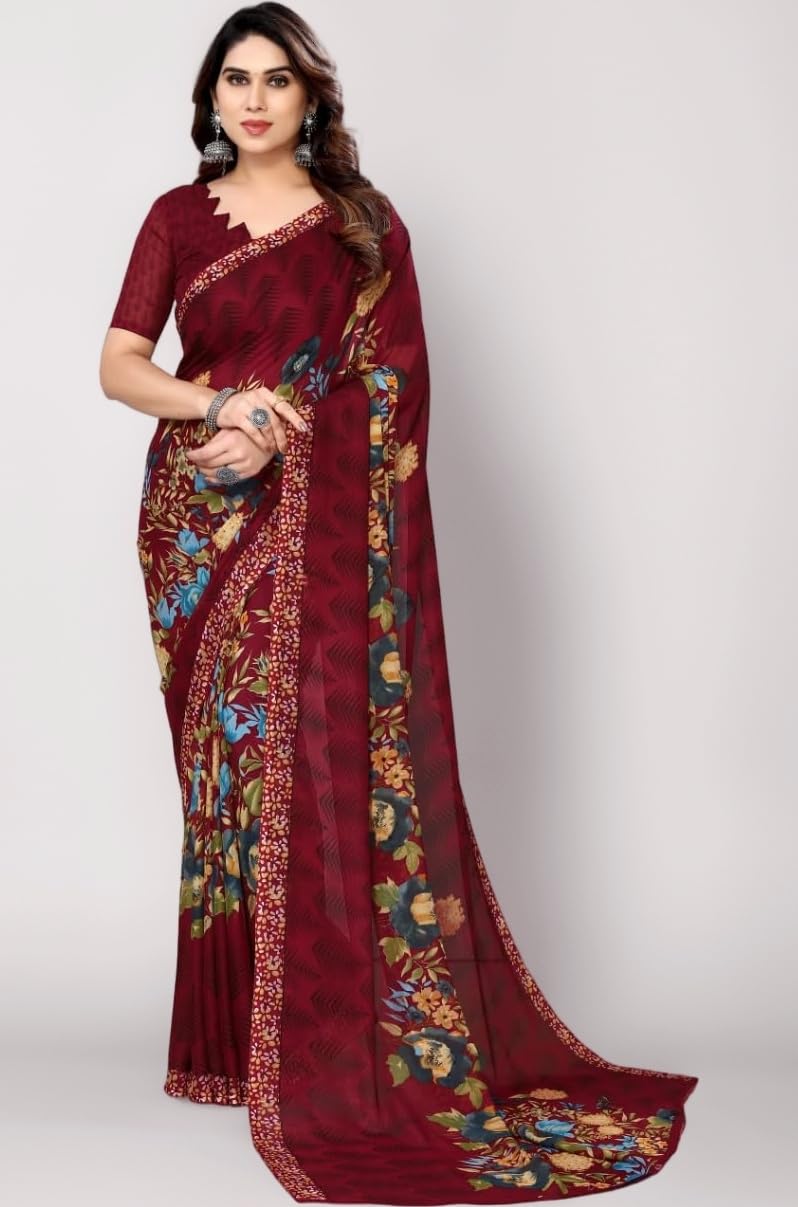 Women's Printed Trendy Georgette Green Color Saree With Blouse Material