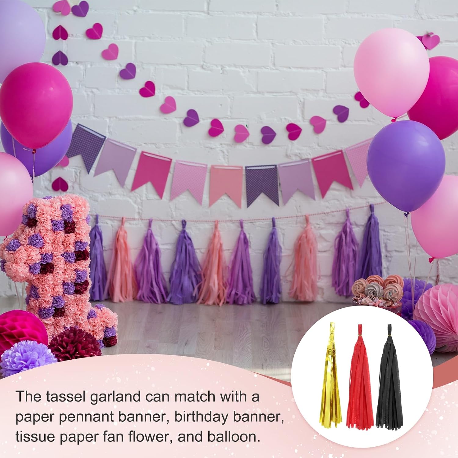 MECCANIXITY 30Pcs Tassel Garland Tissue Paper Tassels Banner Foil Fringe Streamers for Party Decorations Wedding Birthday DIY Kit, Black Bright Red Gold