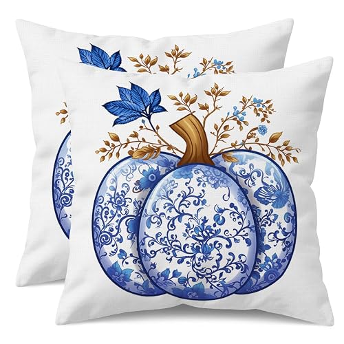 Fall Chinoiserie Pumpkin Pillow Covers Set of 2, Blue and