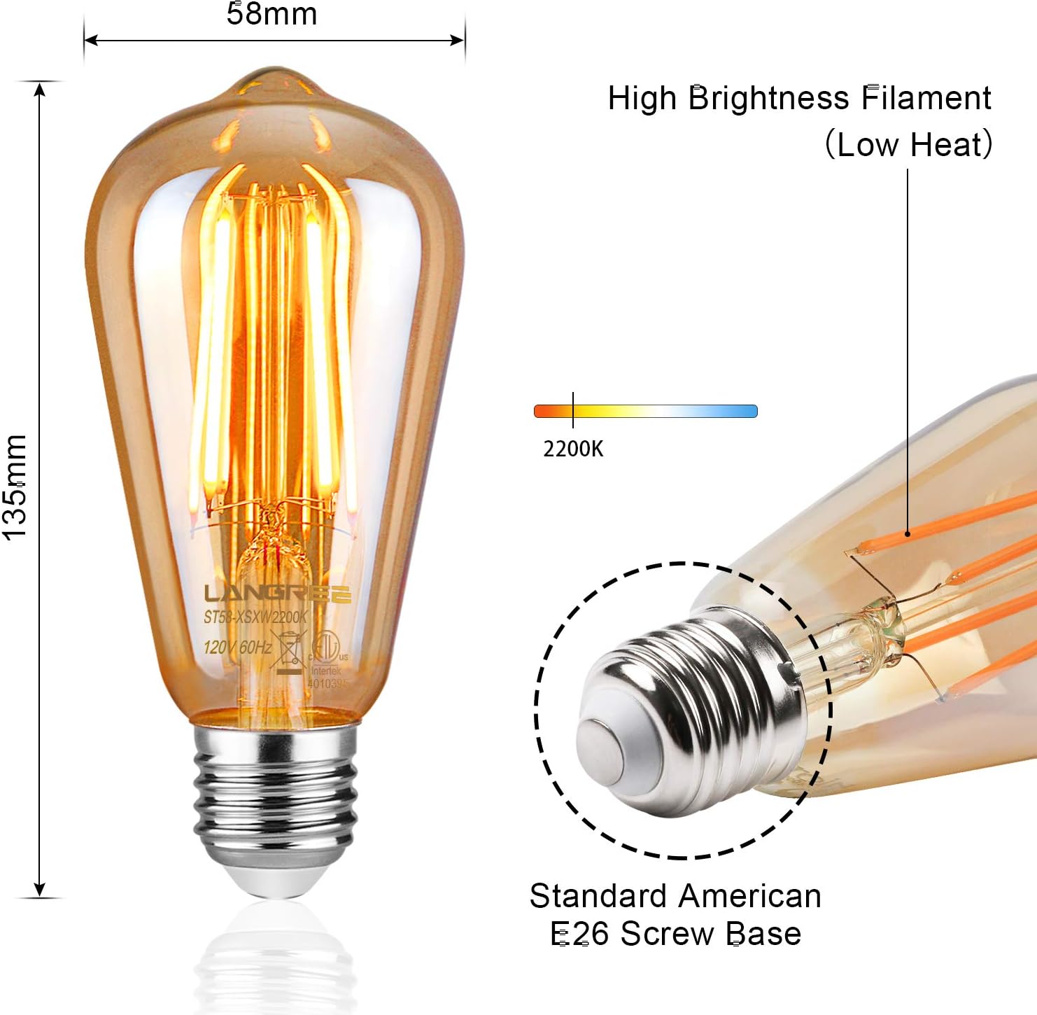 LED Edison Bulb 6W Vintage Light Bulb, 60W Equivalent 700 Lumen 2200k Amber Warm Glow, Dimmable Filament Bulbs E26 Medium Base, Decorative Clear Glass for Bathroom Kitchen Dining Room, Pack of 4
