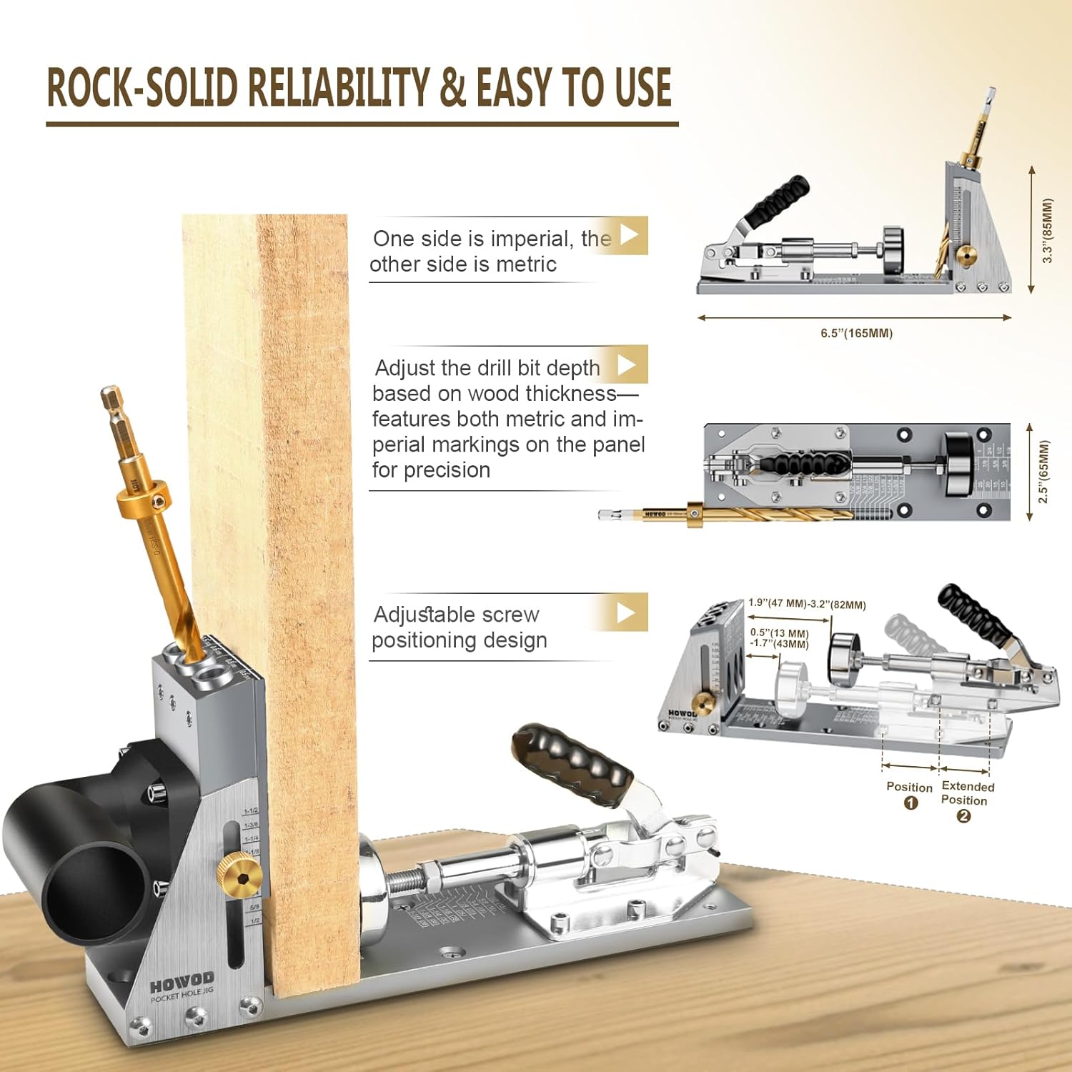 Pocket Hole Jig Kit, Professional Metal Pocket Screw Jig System with Detachable Vacuum Adapter, Sharp and Durable 3/8" Titanium Drill Bits (3-Pack, 2025 Upgraded), Fits 1/2" to 3-1/8" Thick Wood - Image 3