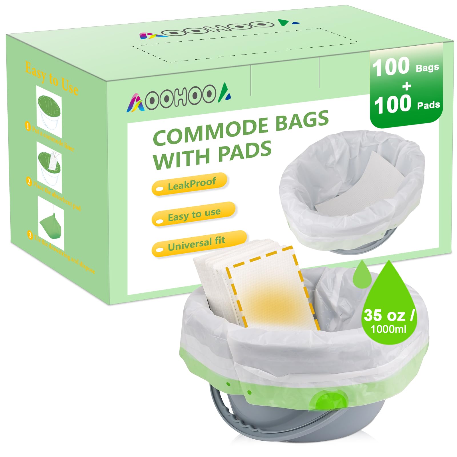 Bedside Commode Liners with Pads, 100 Bags + 100 Pads, No Scented