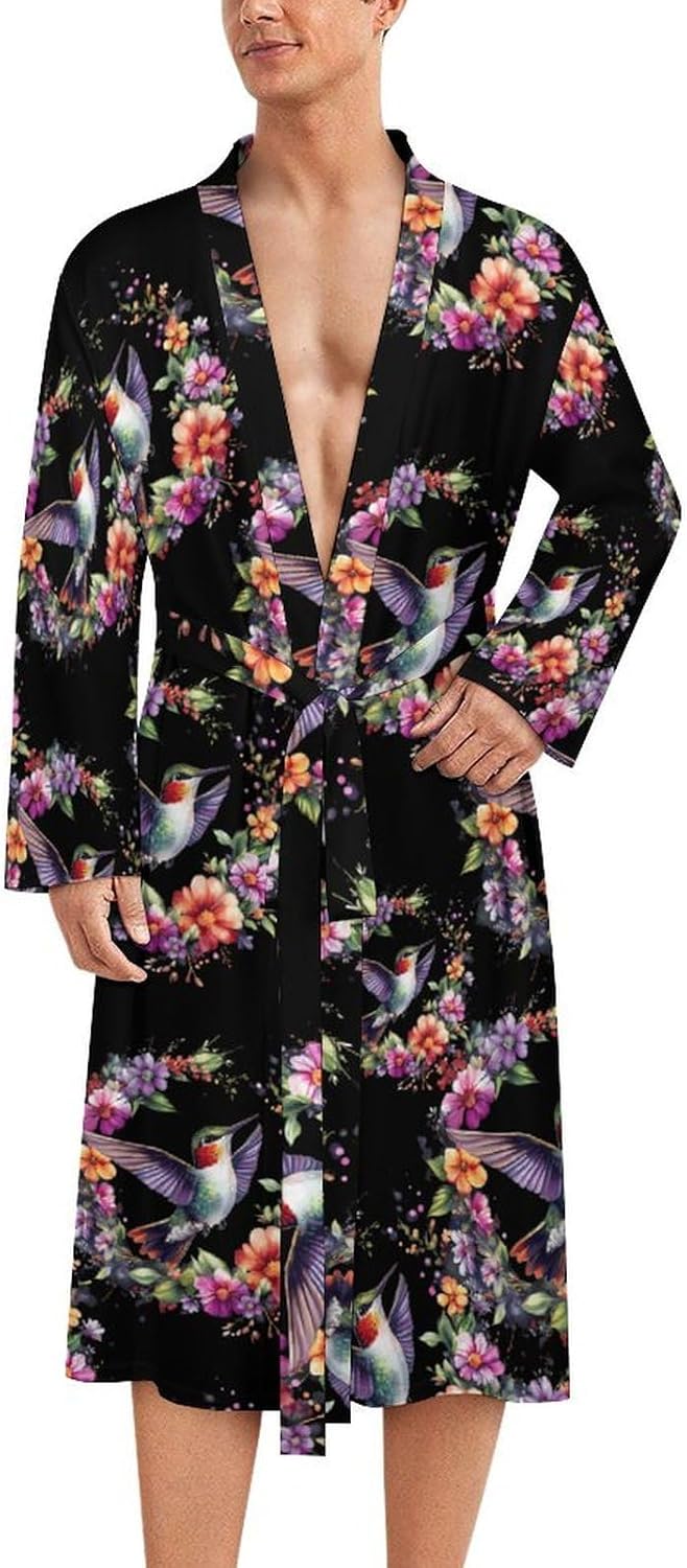 Hummingbird Bird Wreath Mens Robe Nightgown Lightweight Knee Long Bath Robe Spa Bathrobe Loungewear
