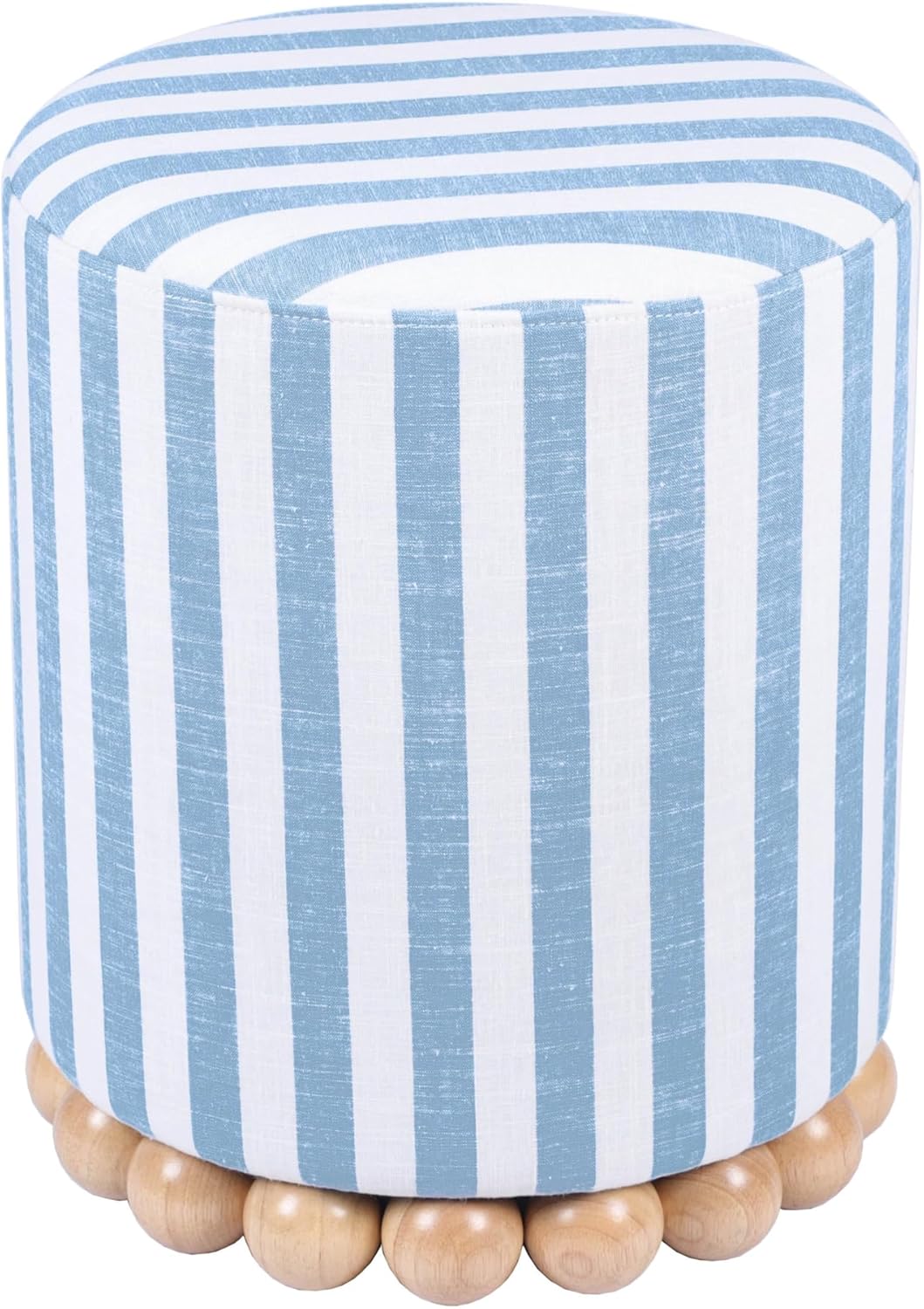 Tov Furniture Dex Pastel Blue Striped Linen Round Ottoman with Wooden Base