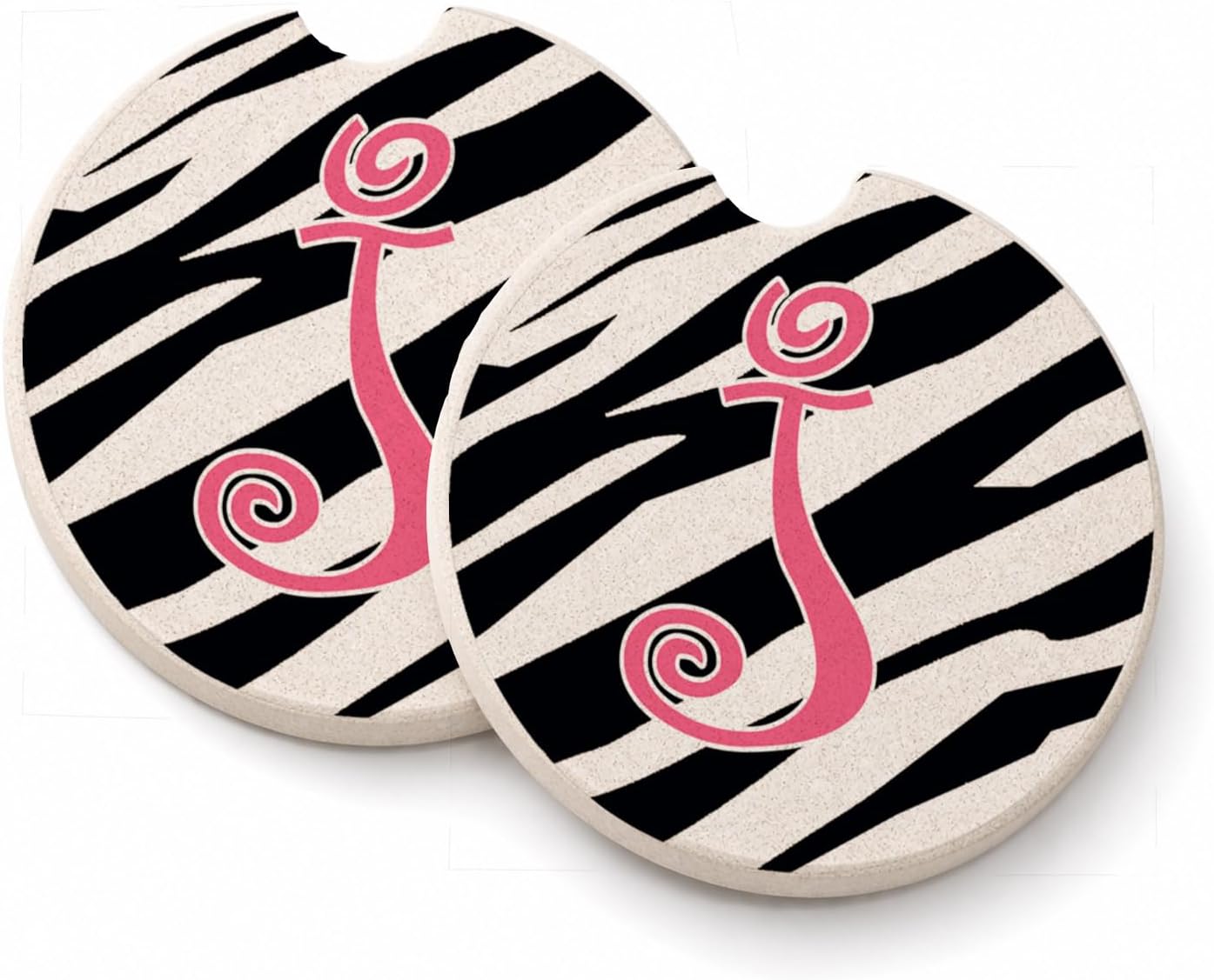 Caroline's Treasures CJ1037-JCARC Letter J Initial Zebra Stripe and Pink Set of 2 Cup Holder Car Coasters Absorbent Sandstone Coasters for Car Cup Holders Gifts for Men or Women, Large, Multicolor