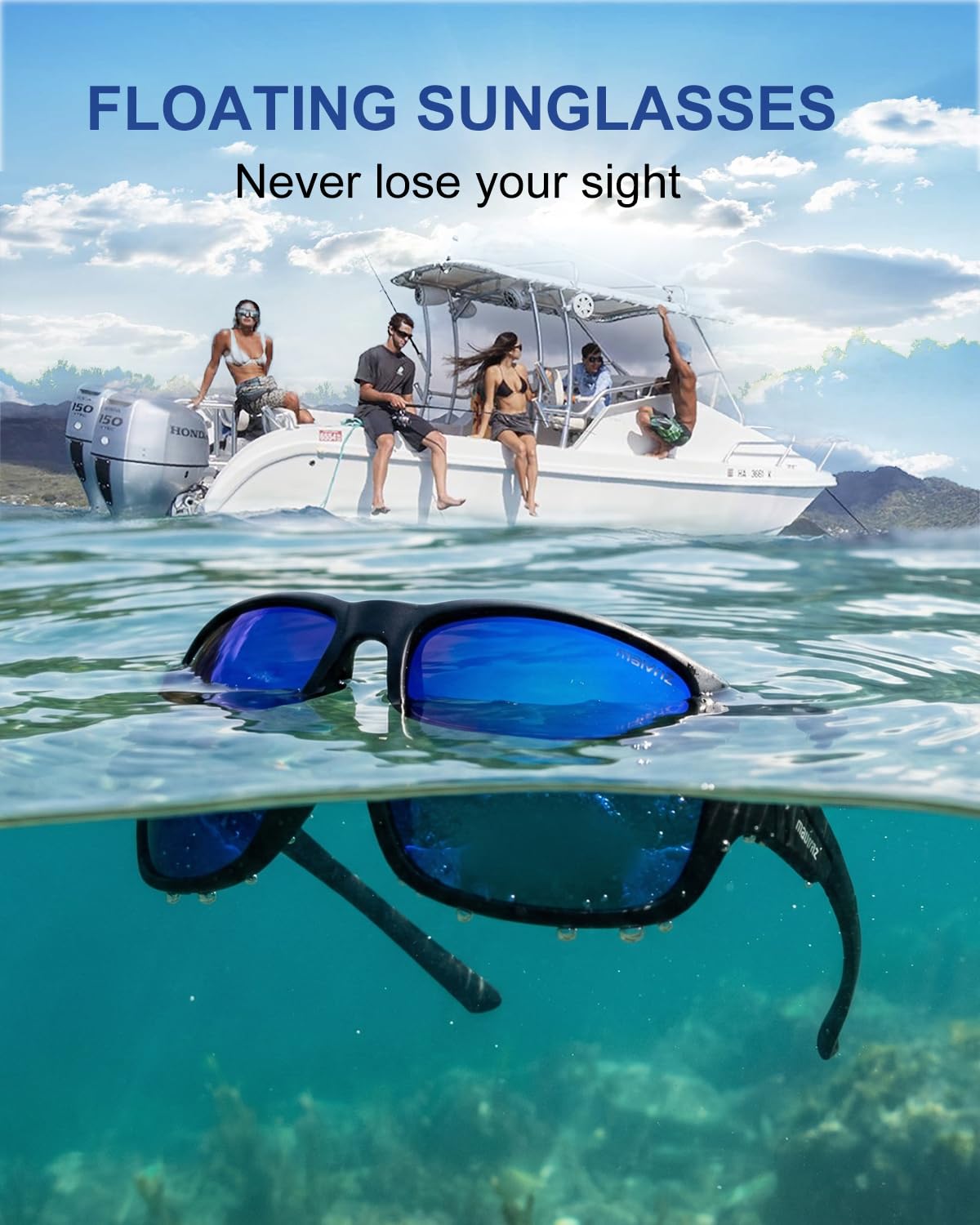 maivnz Gafas de sol polarizadas flotantes para hombres y mujeres, gafas deportivas UV400 insumergibles para kayak, navegación y surf, Marco negro azul Revo, conventional