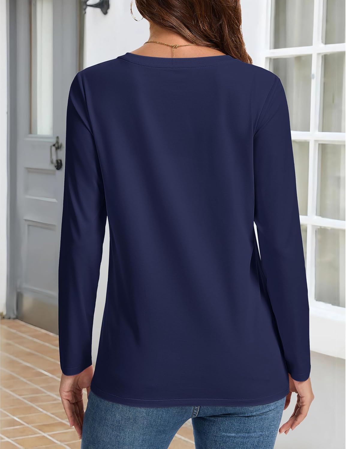 YUCOLEN Long Sleeve Shirts for Women Pleated Crew Neck Cotton T Shirts Solid Color Soft Casual Basic Tees Fall Trendy Tops - Image 5