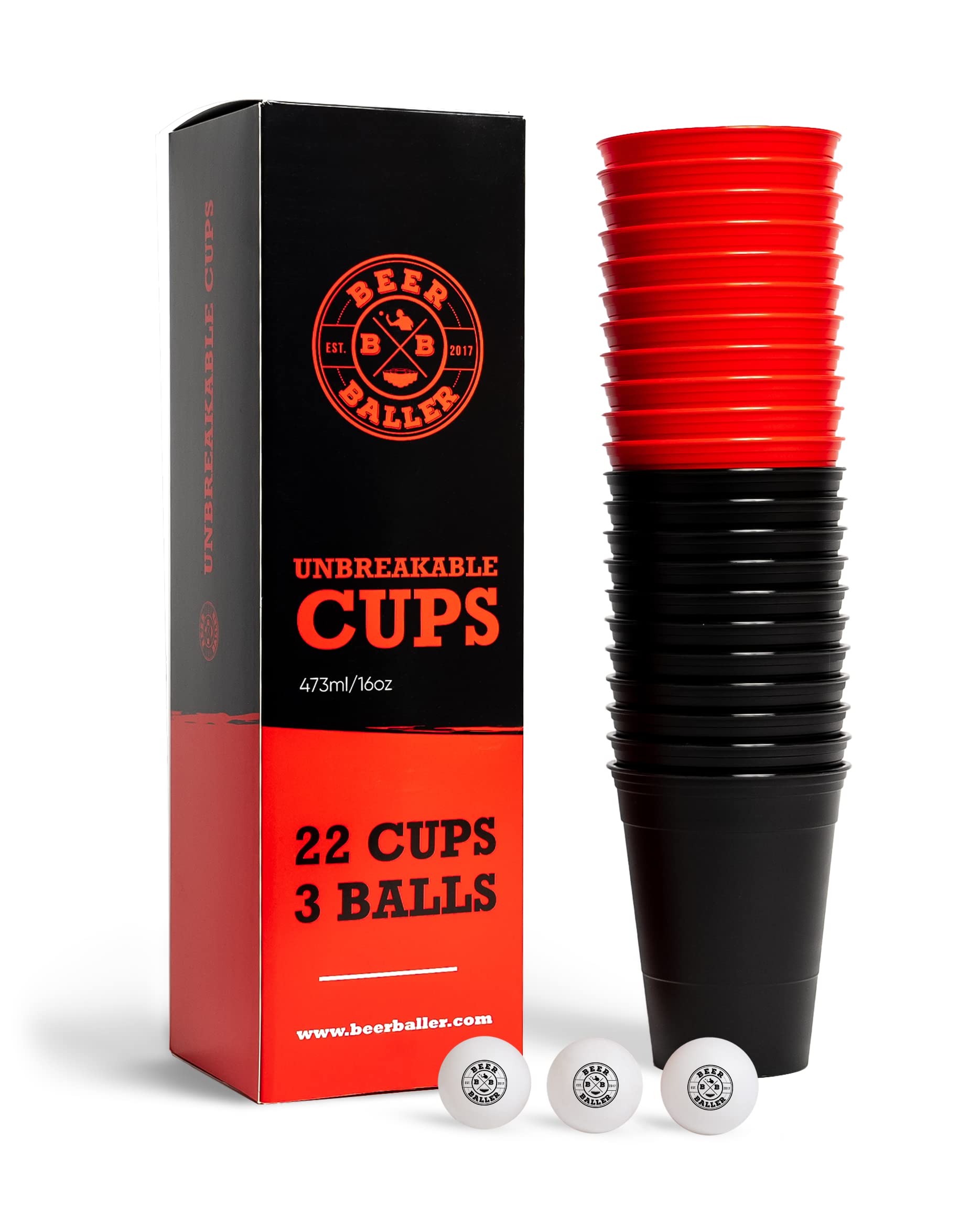 BeerBaller® Unbreakable Cups - 22 Hartplastik Beer Pong Becher & 3 Bälle | Aus recyceltem Plastik! | Mehrweg Bierpong Becher | spülmaschinenfest | 473ml/16oz - Red Cups | Made in Germany