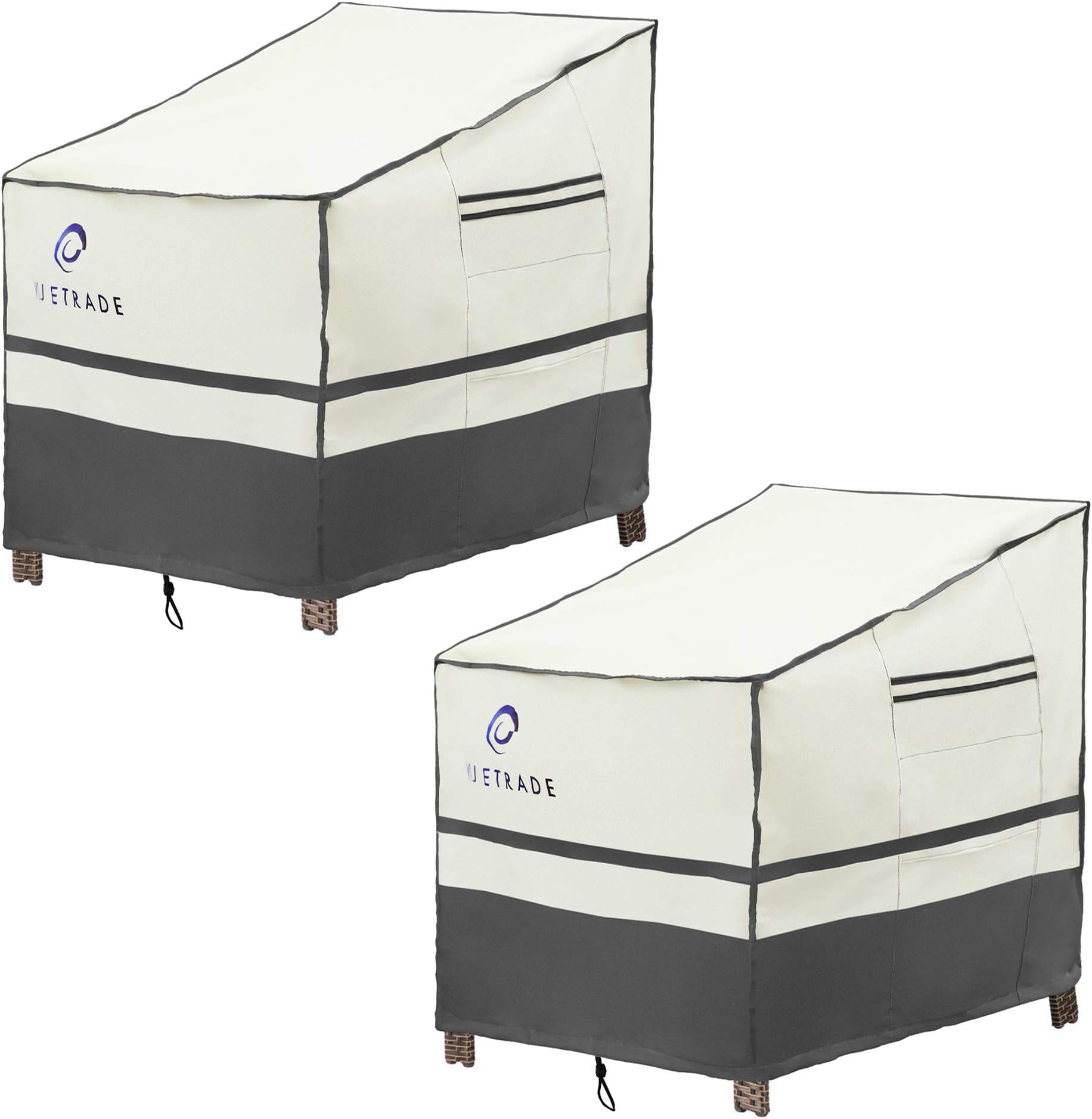WJ-X3 Waterproof Outdoor Striped Patio Lounge Chair & Furniture Cover with Handles & Air Vents, 33" D x 38" W x 35" H, Beige+Grey, 2 Pack