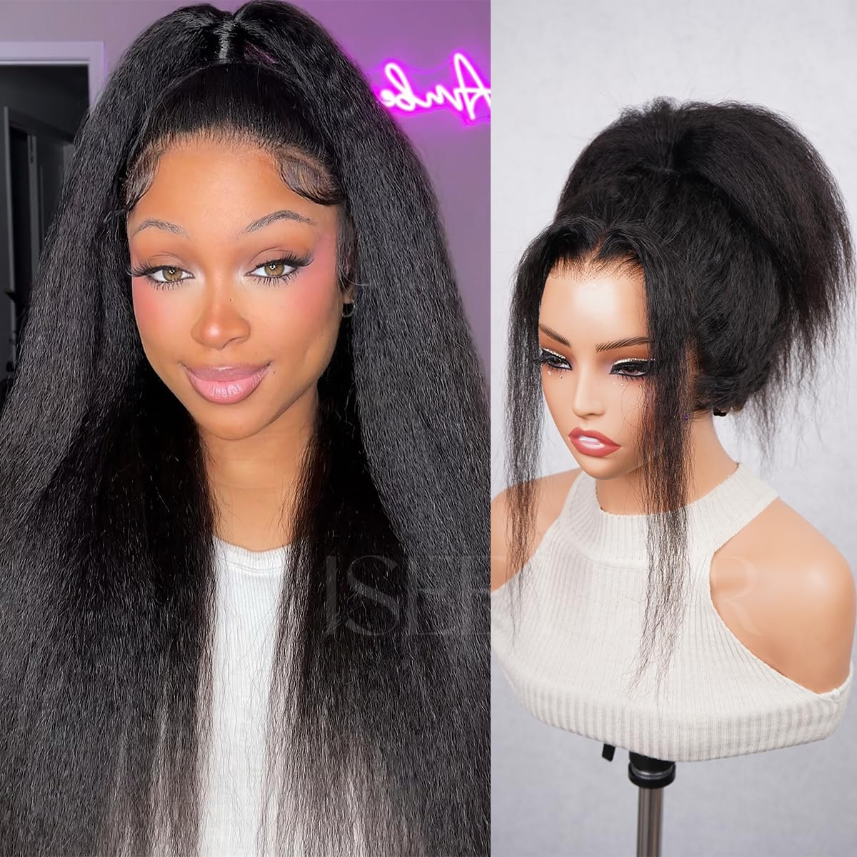 ISEE Hair 360 Kinky Straight Lace Front Wigs Human Hair 360 Full Lace Glueless Wigs With Invisible Drawstring Pre Plucked Pre Bleached 180% Density Beginner Friendly For Women 18 Inch