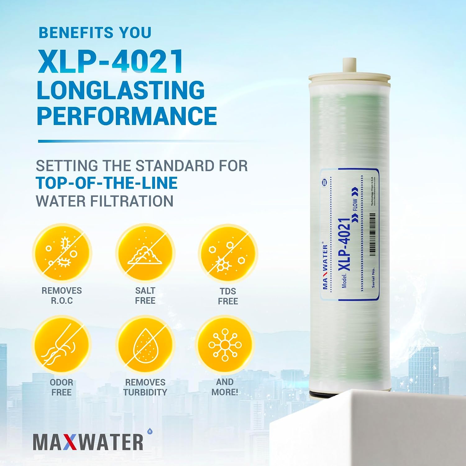 Max Water 4" x 21" Membrane XLP-4021 RO - 600 GPD Extreme Low Pressure for Commercial & Whole House Use, Water Desalination, High Salt Rejection - Compatible with TW30-4021 HF4-4021 (XLP-4021)