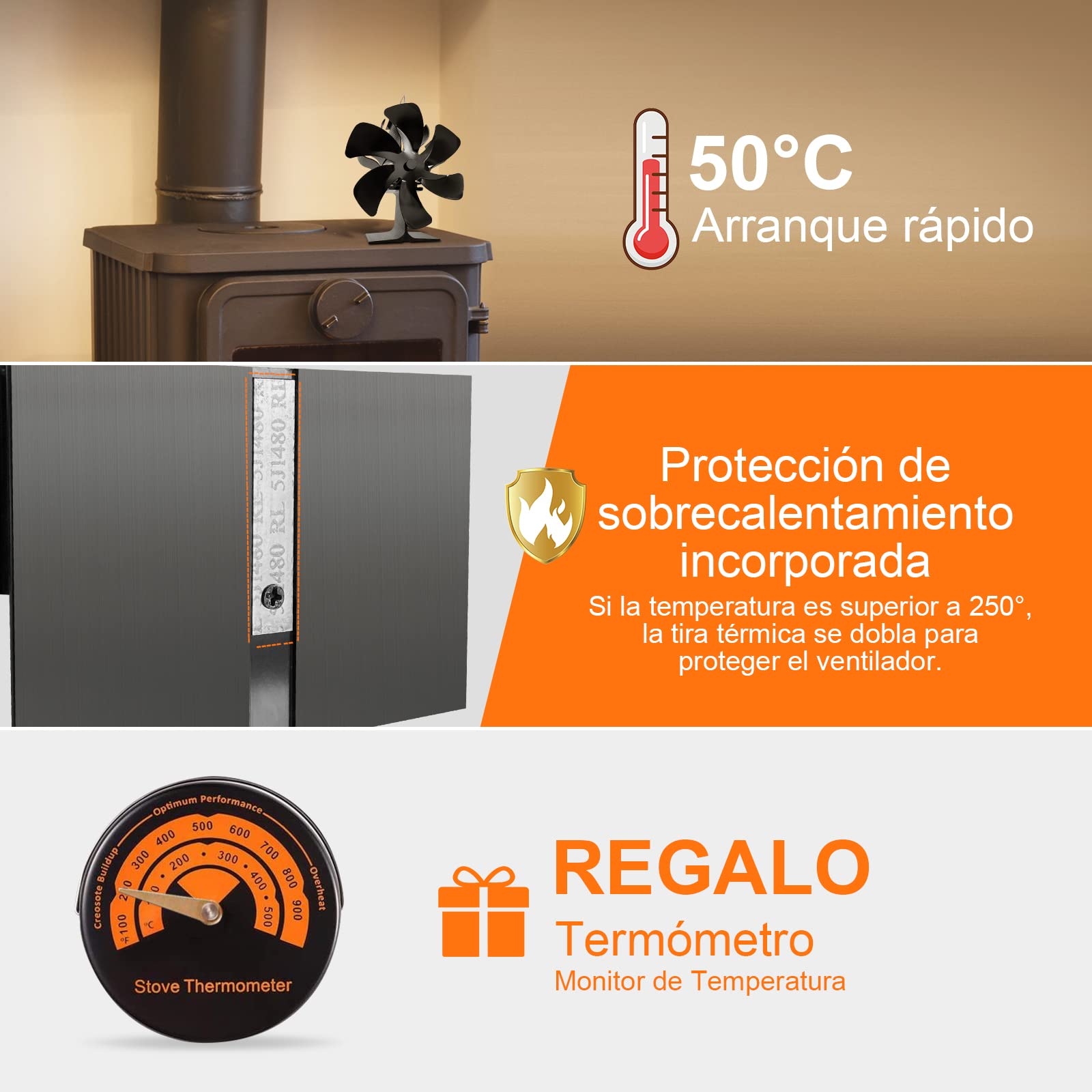 Ventilador para estufa de leña, ventilador estufa con 6 aspas,Ventilador para chimenea con termómetro magnético, Ventilador no eléctrico para estufa de leña/gas/Pellets