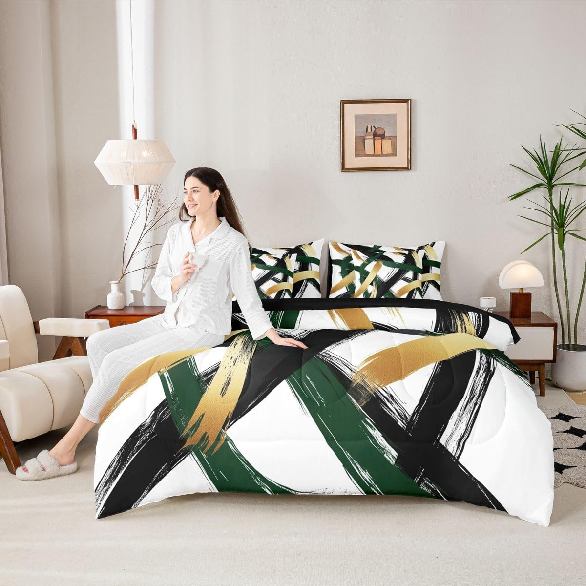 Erosebridal Black Green Gold Abstract 7 Piece Comforter Set King Modern Minimalist Line Geometric Bedding Set Minimalist Simple Sketch Art Bed in A Bag Cool Unique Contemporary Sheet Set