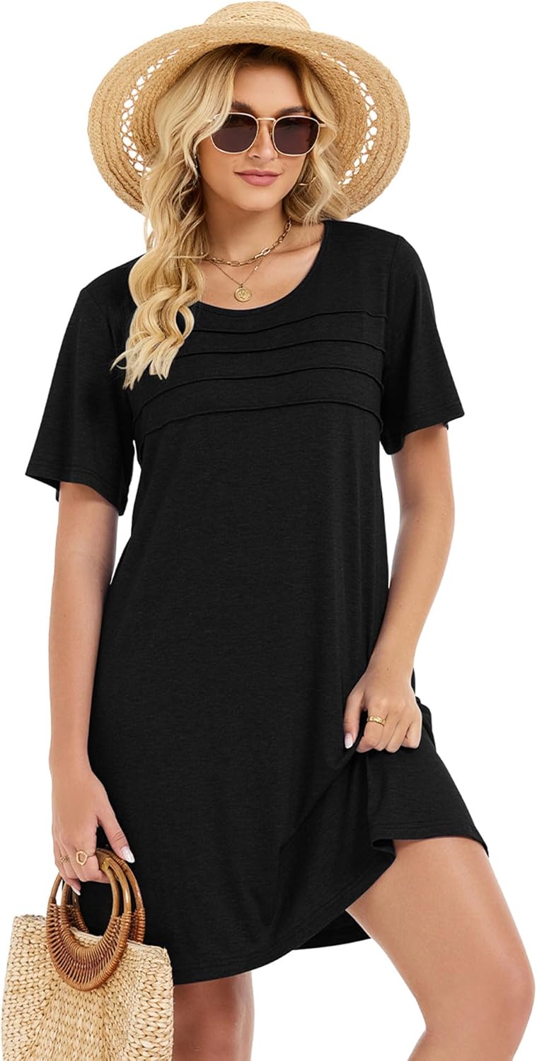 elescat Sundress for Women Casual Loose Summer Short Sleeve Pleated Front Crew Neck T Shirt Dress with Pockets - Image 2