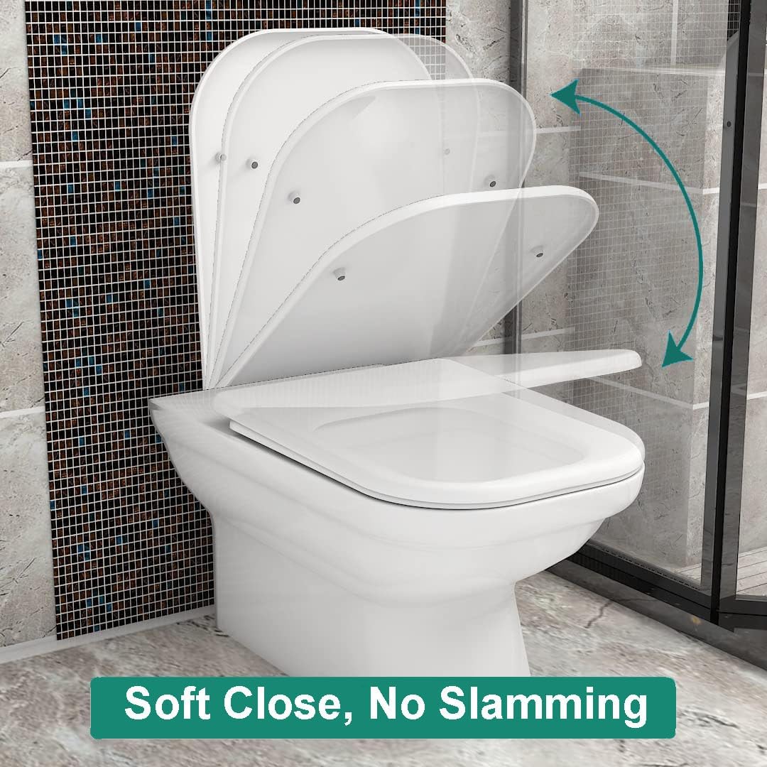 Toilet seat soft close toilet seat Plastic Square Slow Closing Elongated Toilet Seat, Square Toilet Seat Soft Close with Top Fixing Hinge, Quick Release Easy Cleaning, Rectangular Toilet Seat White,06