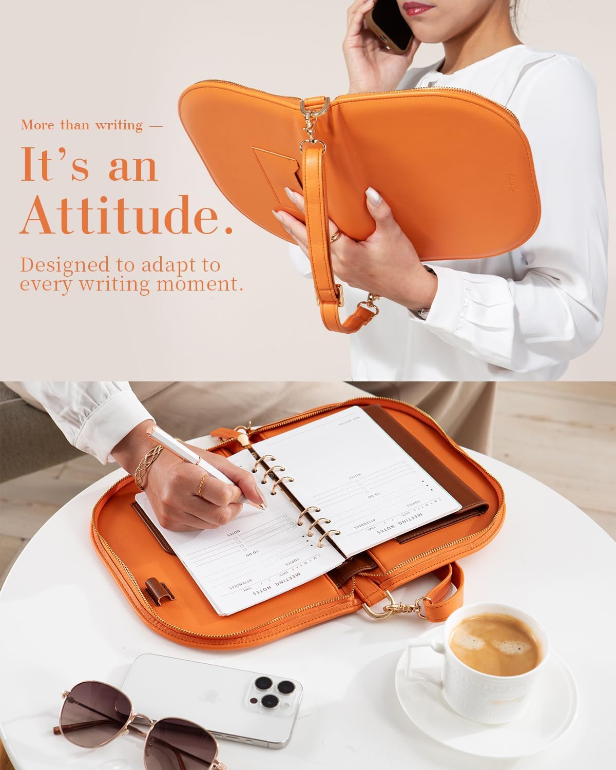 Luna A6 PU Leather Planner 4.9" x 7.4", Refillable 6-Ring Binder with 48 Sheets & Elegant Metal Ballpoint Pen – Convertible Shoulder Bag Organizer for Work & Everyday Use