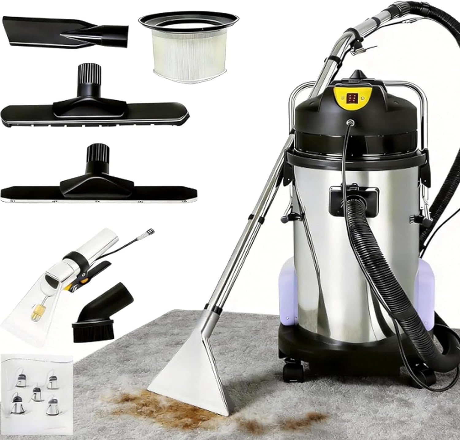 Stainless Steel Cleaning Machine,40l/11gal 1049w Commercial Carpet Cleaner,Upholstery Wet Dry Cleaner 3 in 1 Carpet Extractor Machine w/circulating air Cooling Systems for Hotel,guesthous