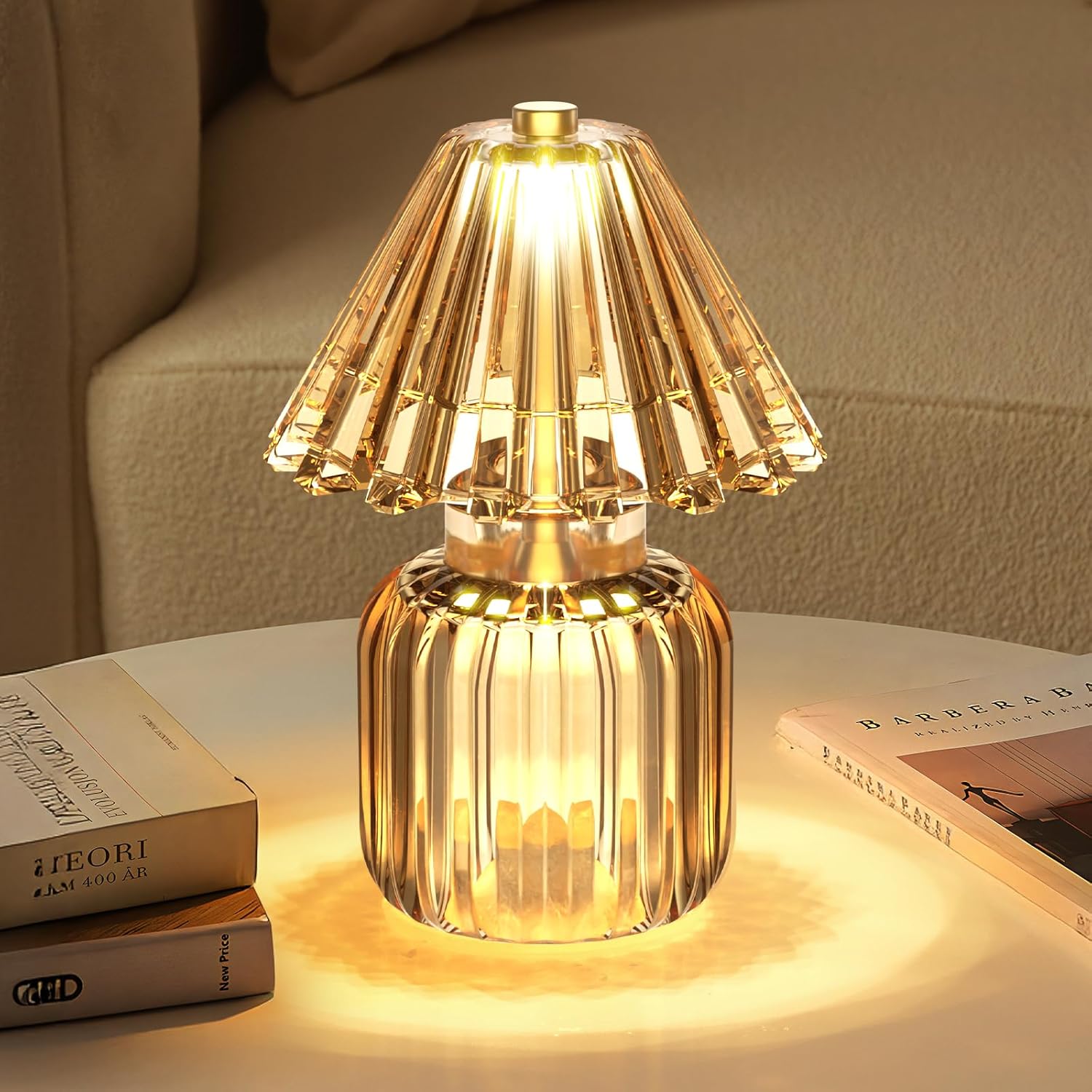 Small Battery Operated Lamp with Timer, Tiny Cordless Glass Table Lamp for Home Decor, Kitchen, Bathroom, Birthday Gift for Women, Jelly Amber