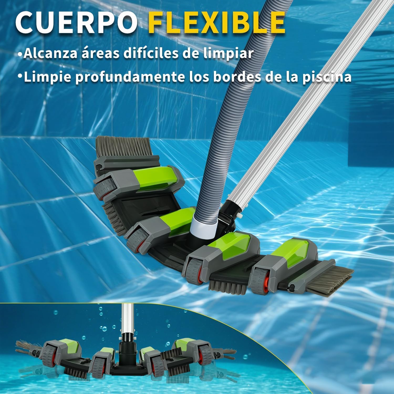 Cepillo Aspirador Piscina 45 cm con Ruedas, Cepillo Aspirador para Piscina con Conexión de Succión, Cepillo Limpiafondos Piscina Flexible con Cepillos Laterales, Compatible con Mangueras 32 mm y 38 mm