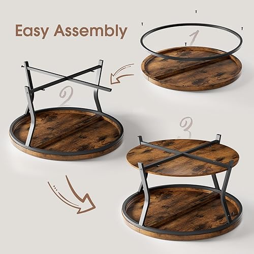 Miniatura 6 de Mesas de centro redondas para sala de estar, mesa de centro circular de madera, mesa central industrial moderna de 2 niveles con mesa gruesa y marco