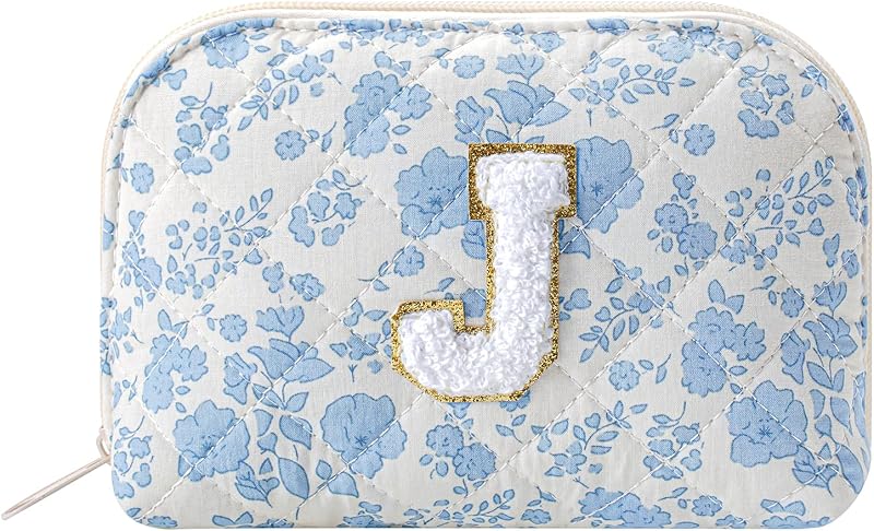 Necessaire de maquiagem WHHJM em algodão matelassado, formato dome, estampa floral azul, fechamento com zíper, modelo J