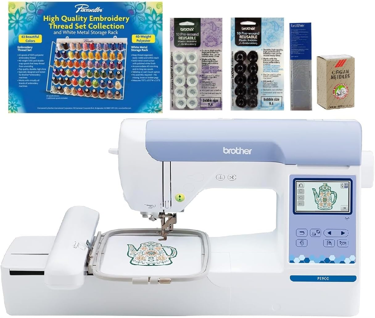 Brother PE900 Embroidery Machine, 63Piece Thread Set, 20