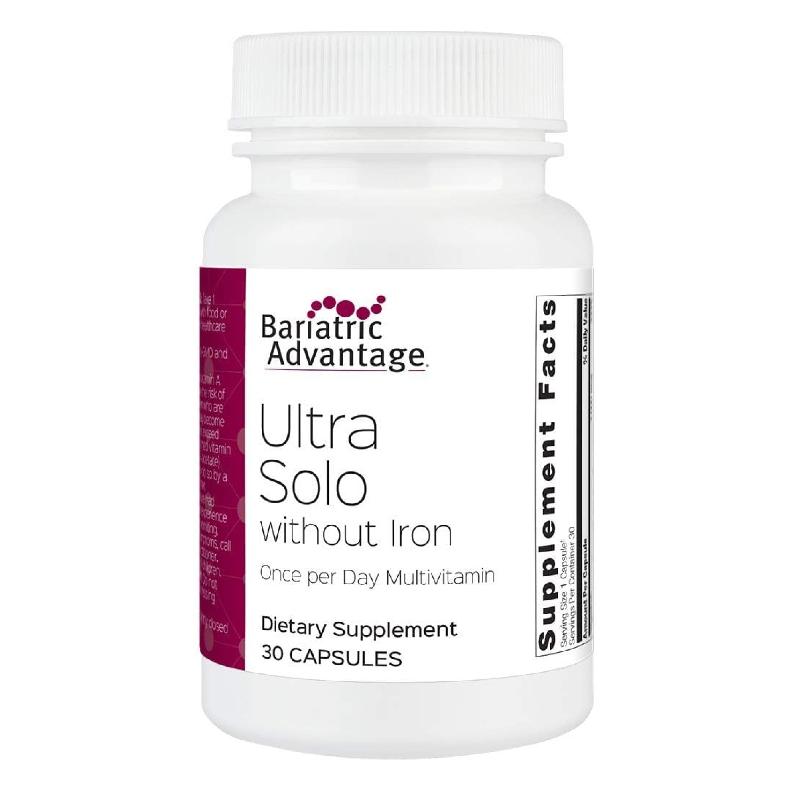 Ultra Solo Without Iron - Once-Per-Day Daily Multivitamin - for Bariatric Patients - with Thiamin, Vitamin A & More - Gluten Free - 30 Capsules