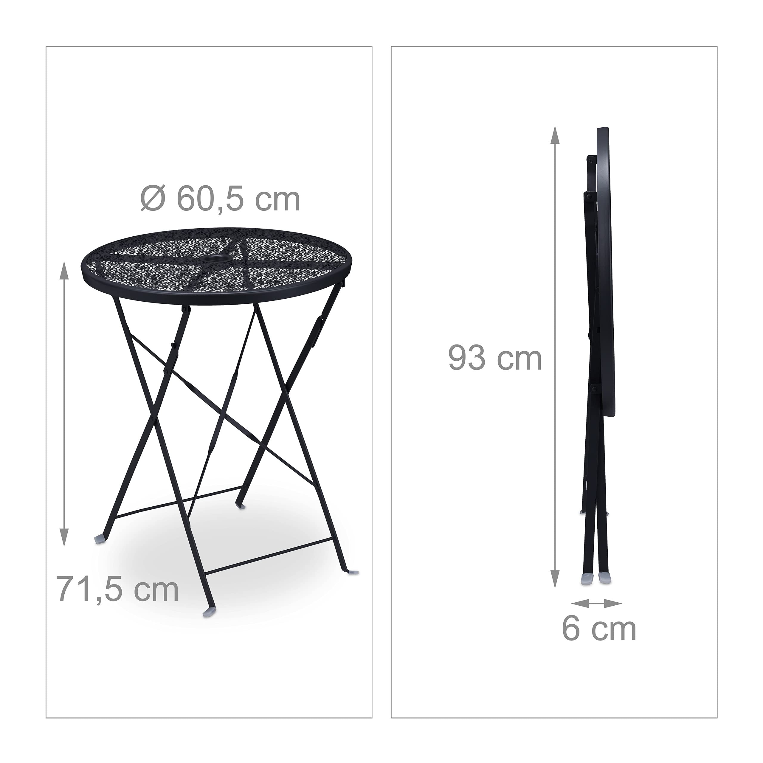 Relaxdays Tavolino da Balcone Pieghevole, Tavolo Rotondo con Foro per Ombrellone, in Acciaio, HxD: 71,5x60,5 cm, Nero