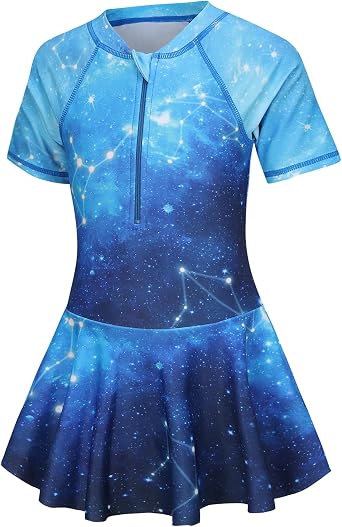 Aisyee Swimming Costume Girls Swimsuit Kids One Piece Short Sleeve Skirt Swimwear Girls Swim Dress Age 5-16 Years