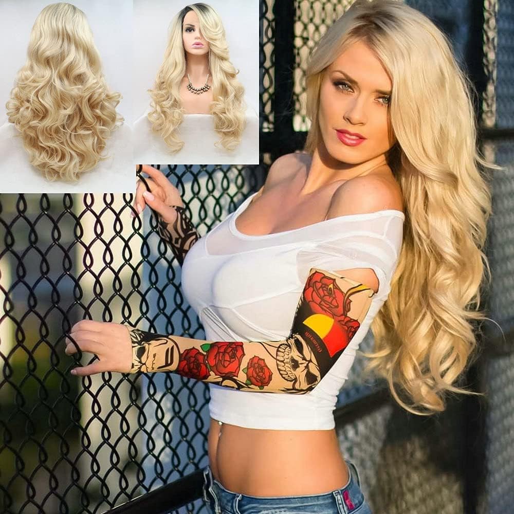 Ombre Blonde Lace Front Wigs Long Natural Wavy Synthetic Wig for Women Dark Root Blonde Realistic Hairline Daily Party Heat Resistant Hair (24 Inch, 2T Blonde/lace front wig)