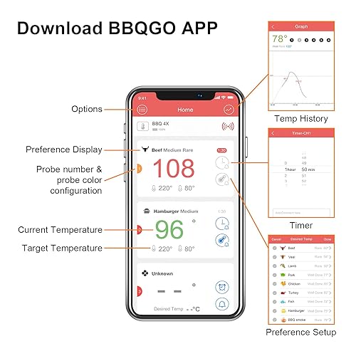 Miniatura 6 de Inkbird Termómetro Bluetooth para barbacoa y estuche de almacenamiento de transporte, 4 sondas termómetro inalámbrico para carne con temporizador,